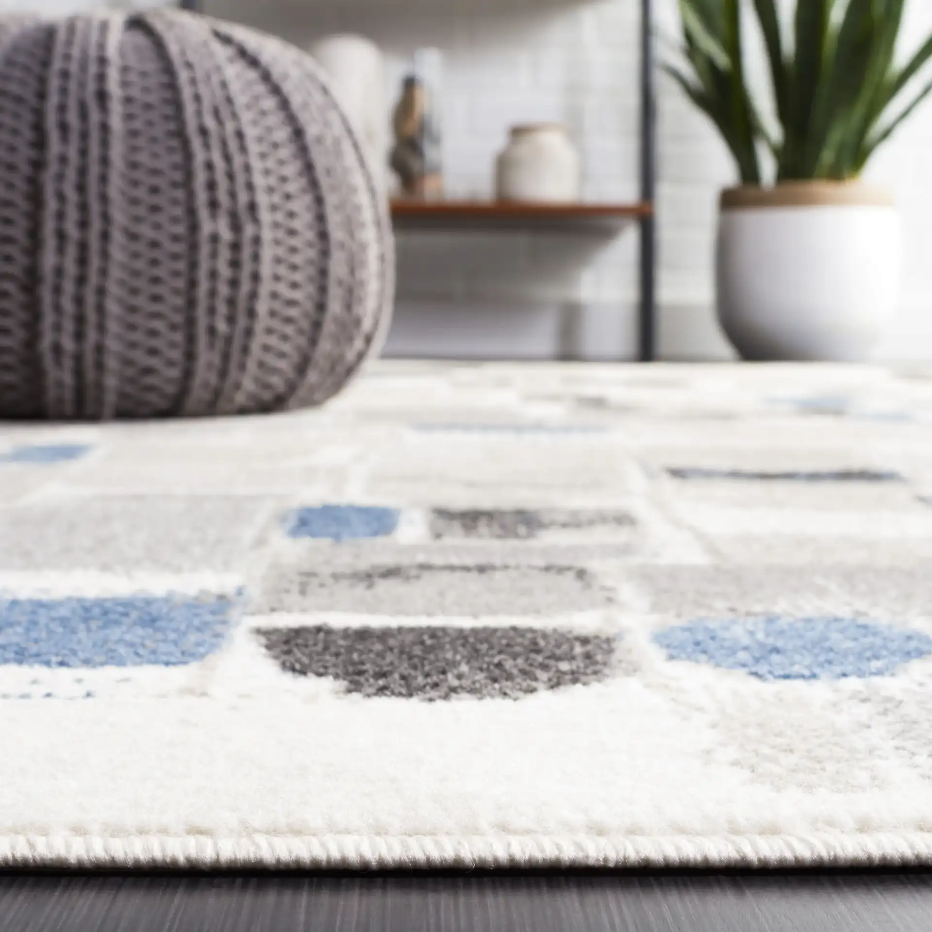 Pyramid Patchwork Block Rug in Ivory / Gray Navy in a styled room