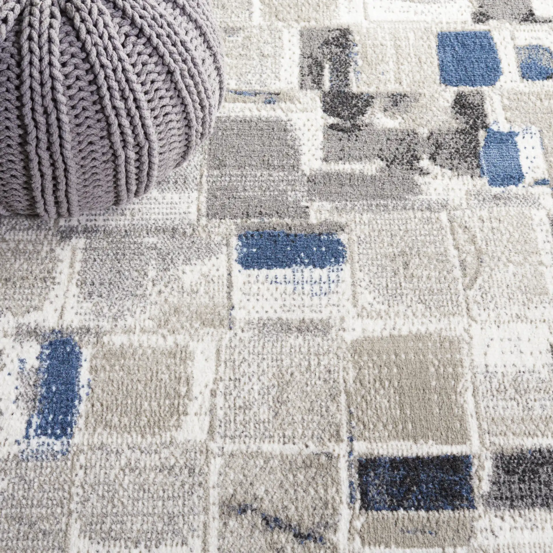 Pyramid Patchwork Block Rug in Ivory / Gray Navy in a styled room