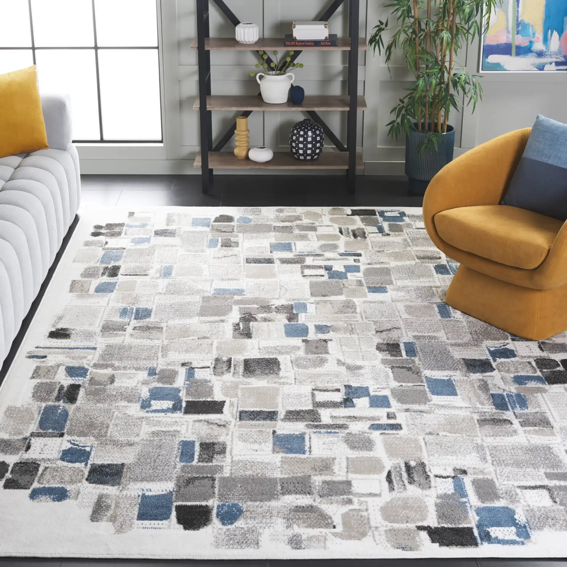 Pyramid Patchwork Block Rug in Ivory / Gray Navy in a styled room