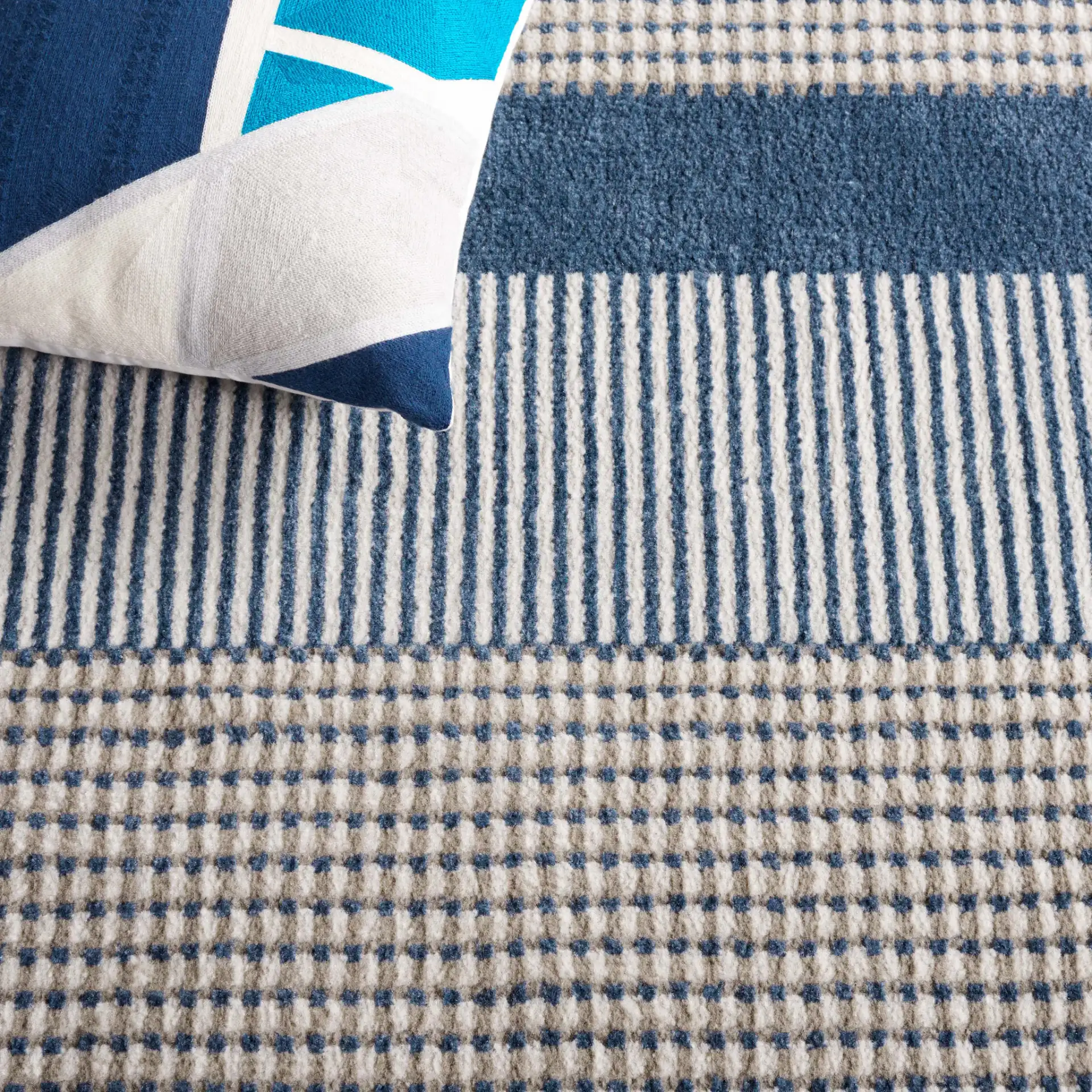 Pyramid Striped Rug in Navy / Ivory in a styled room