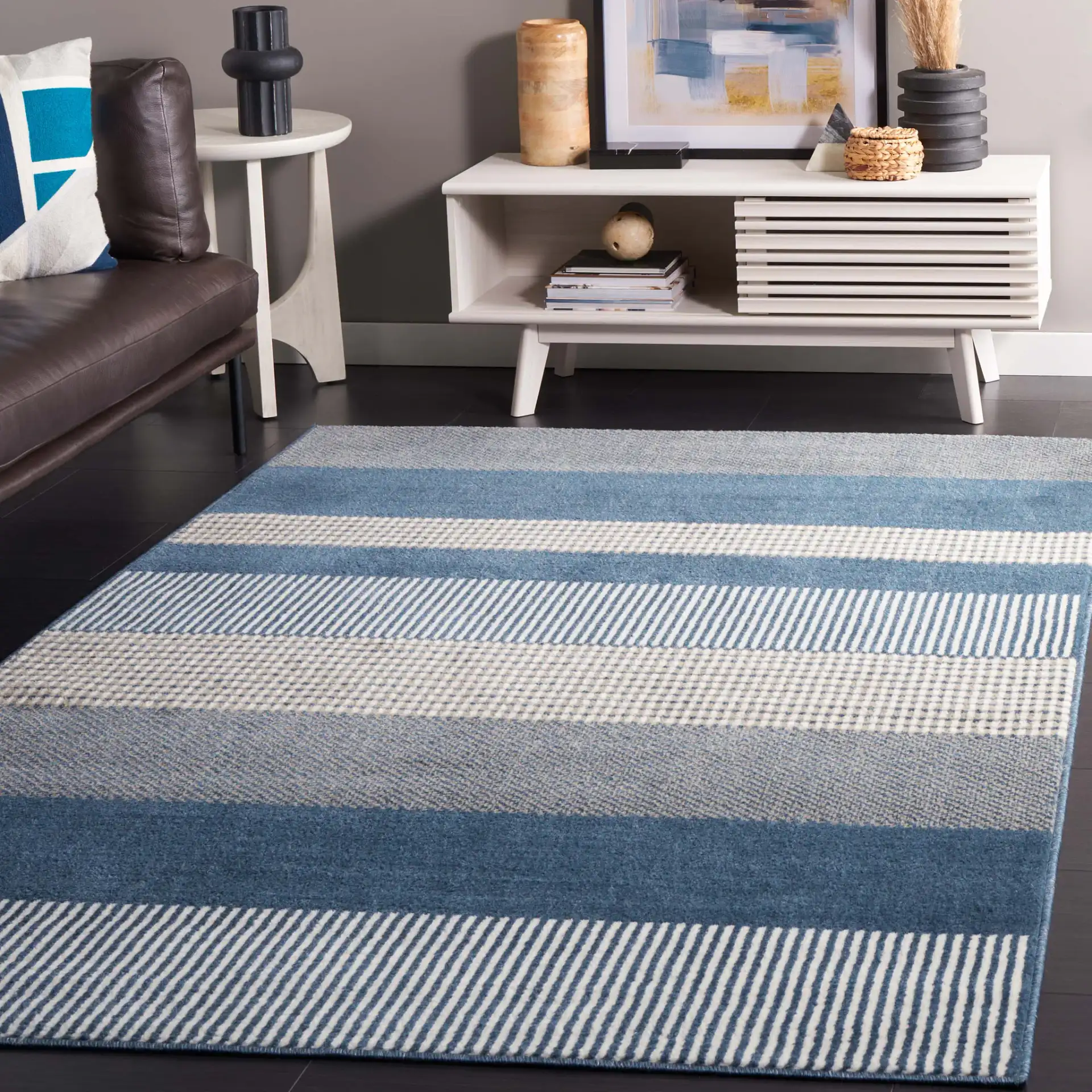 Pyramid Striped Rug in Navy / Ivory in a styled room