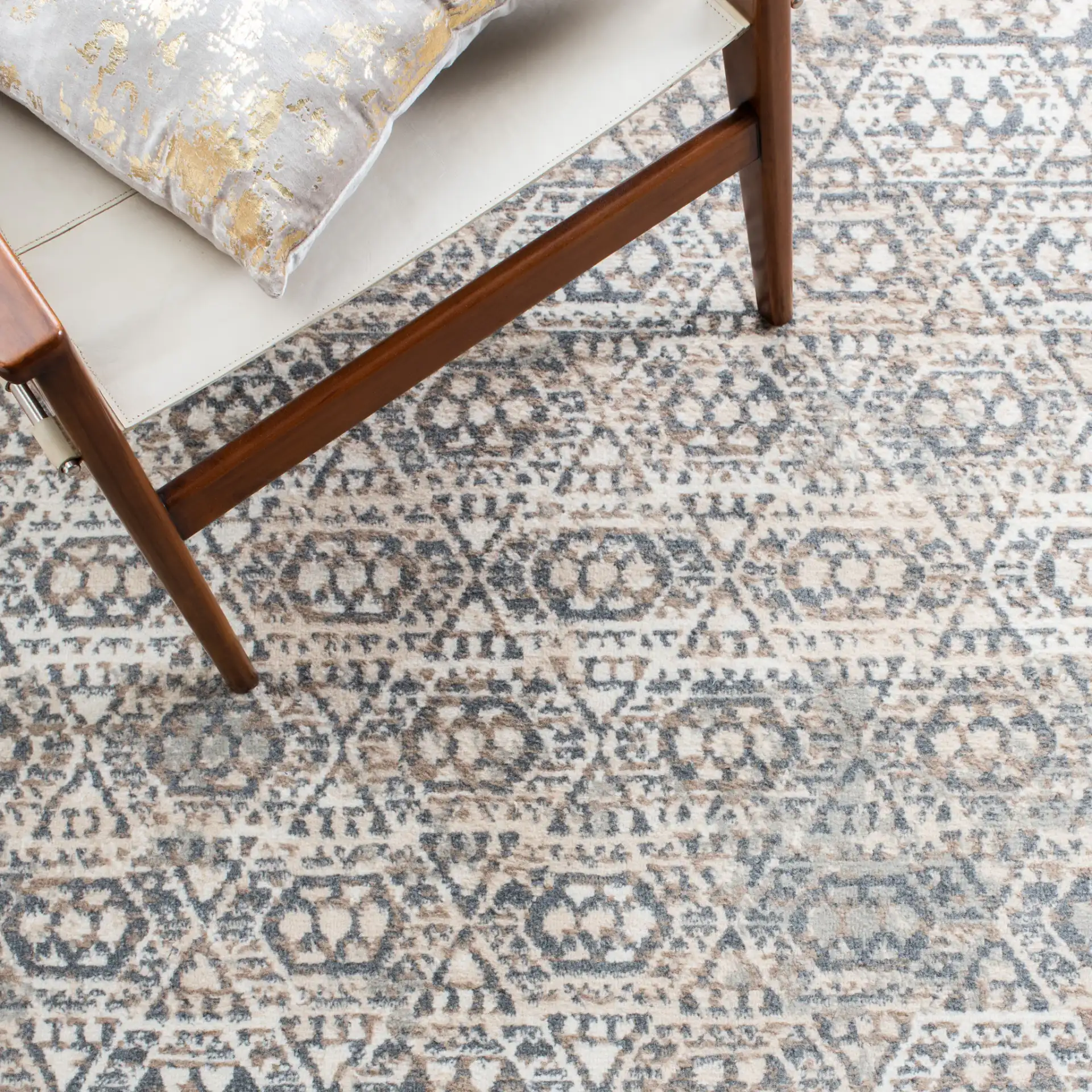 Pyramid Tribal Hexagon Rug in Ivory / Charcoal in a styled room