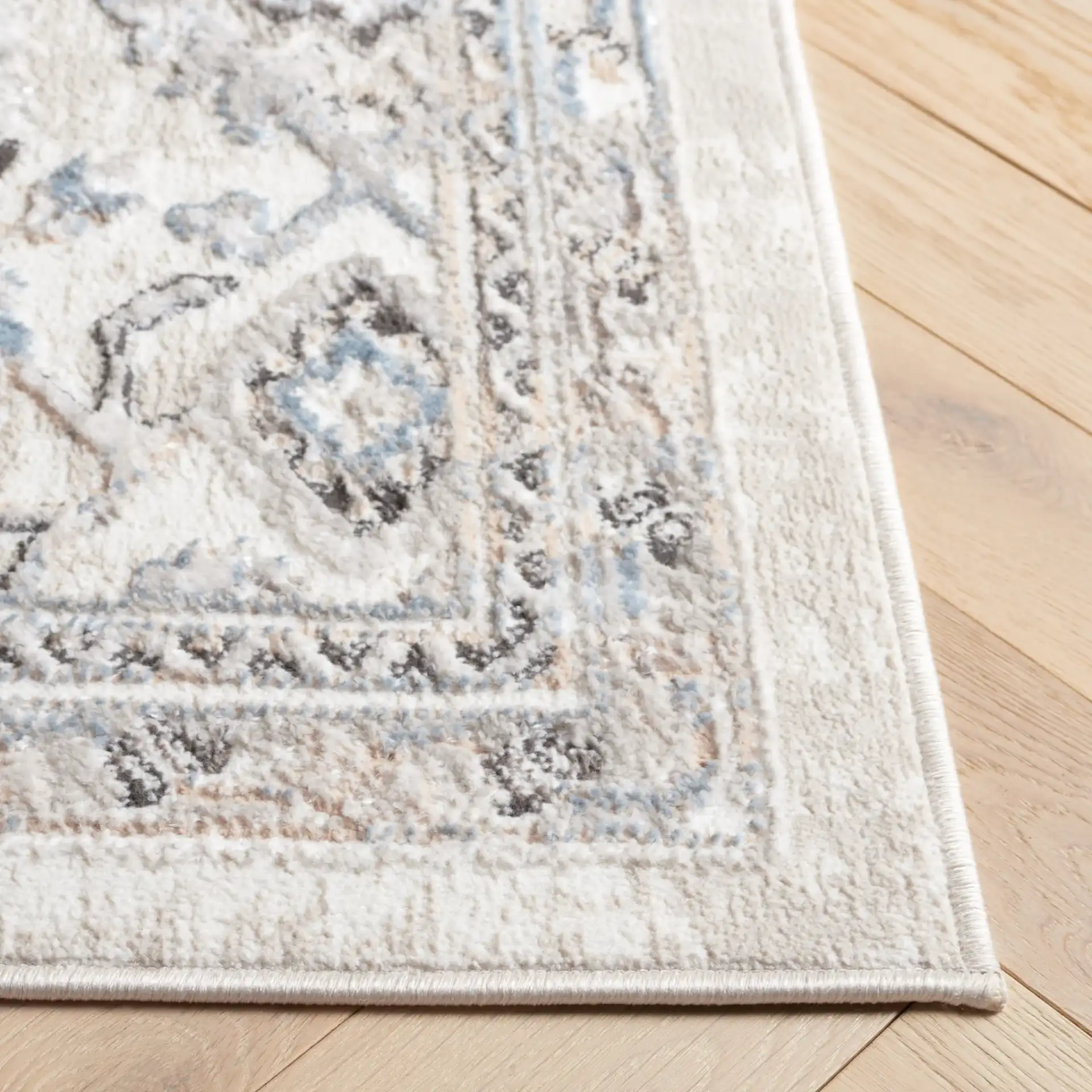 Quincy Distressed Floral Bordered Rug in Ivory / Beige in a styled room