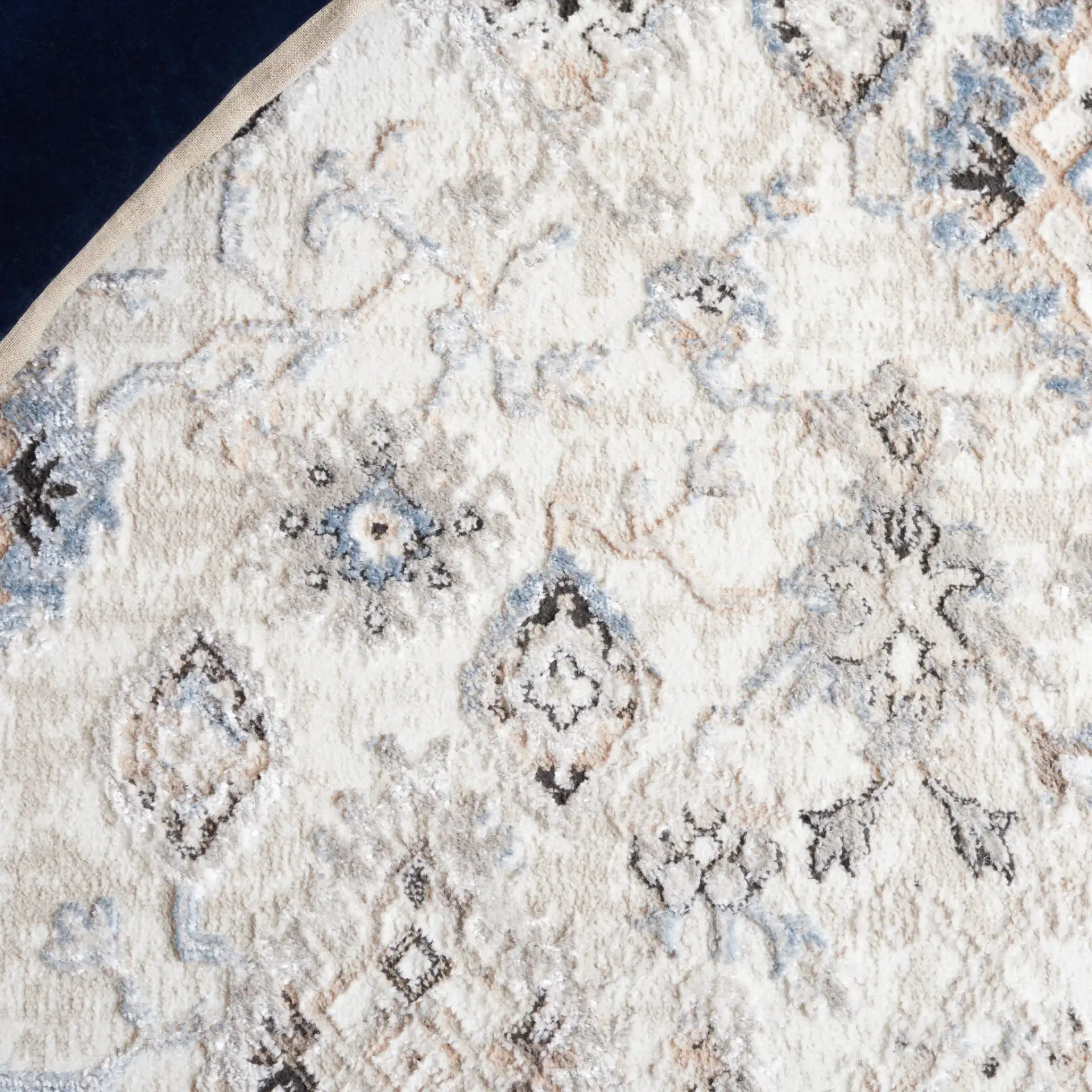 Quincy Distressed Floral Bordered Rug in Ivory / Beige in a styled room