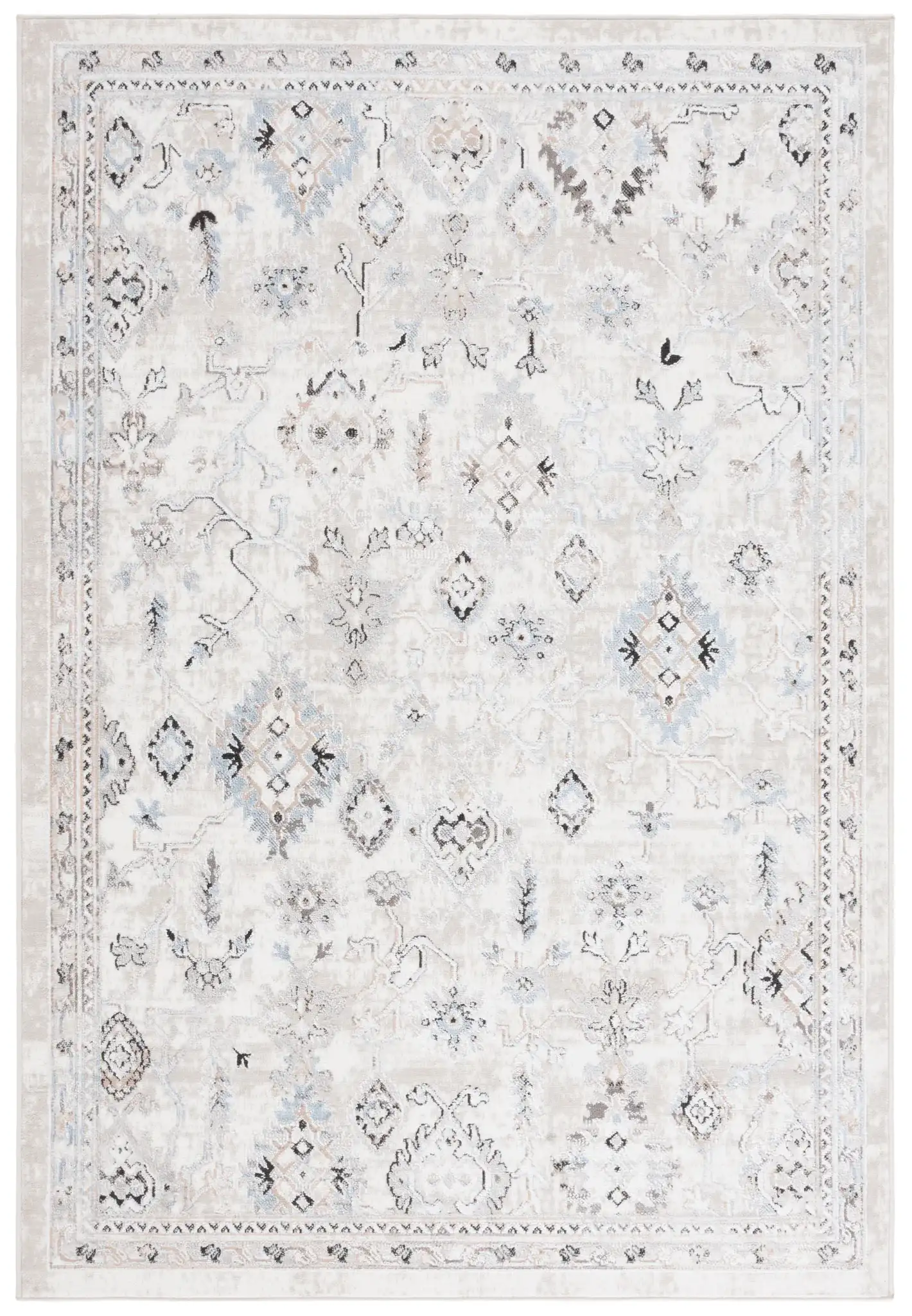 Quincy Distressed Floral Bordered Rug in Ivory / Beige
