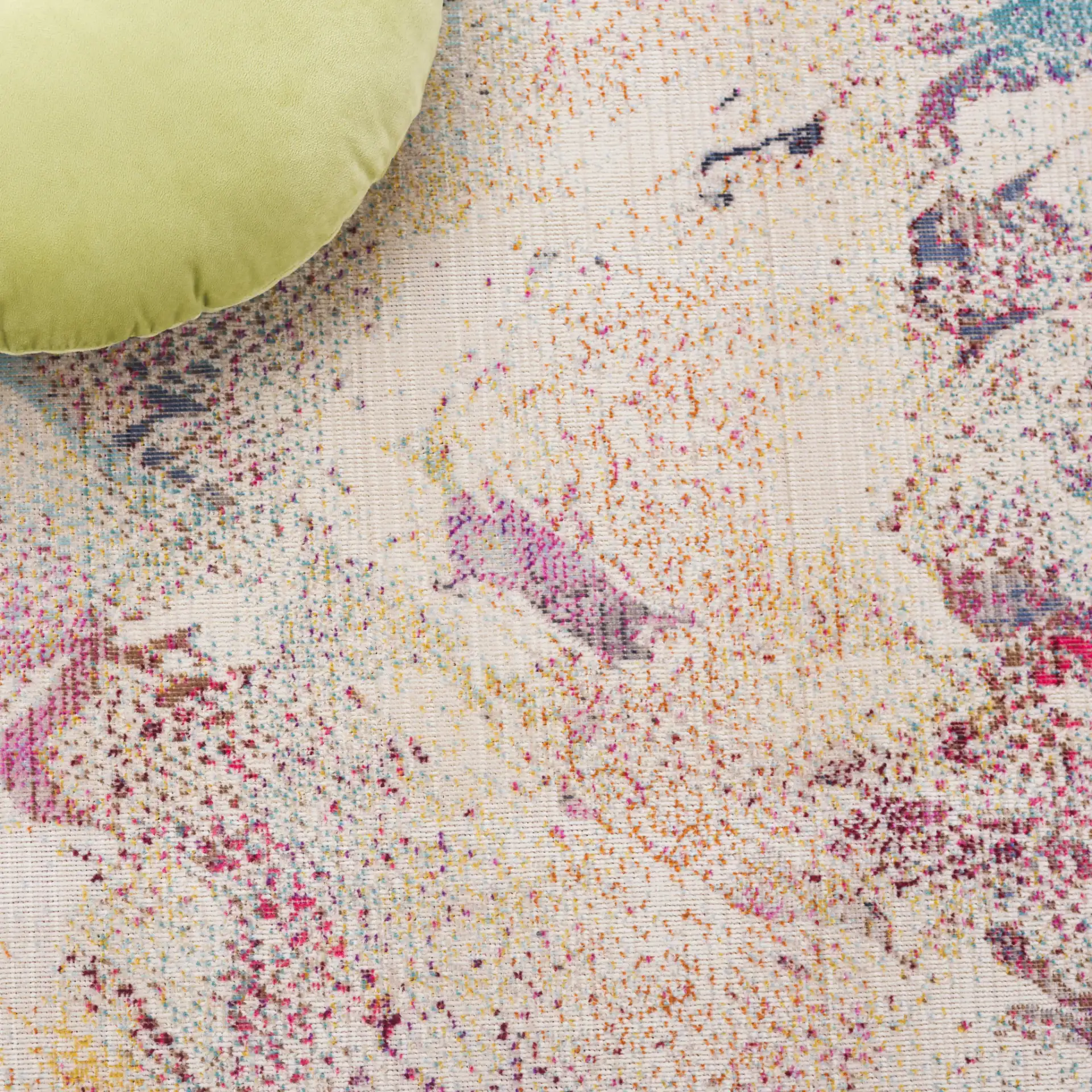 Rainbow Marbled Outdoor Rug in Ivory / Blue Gold in a styled room