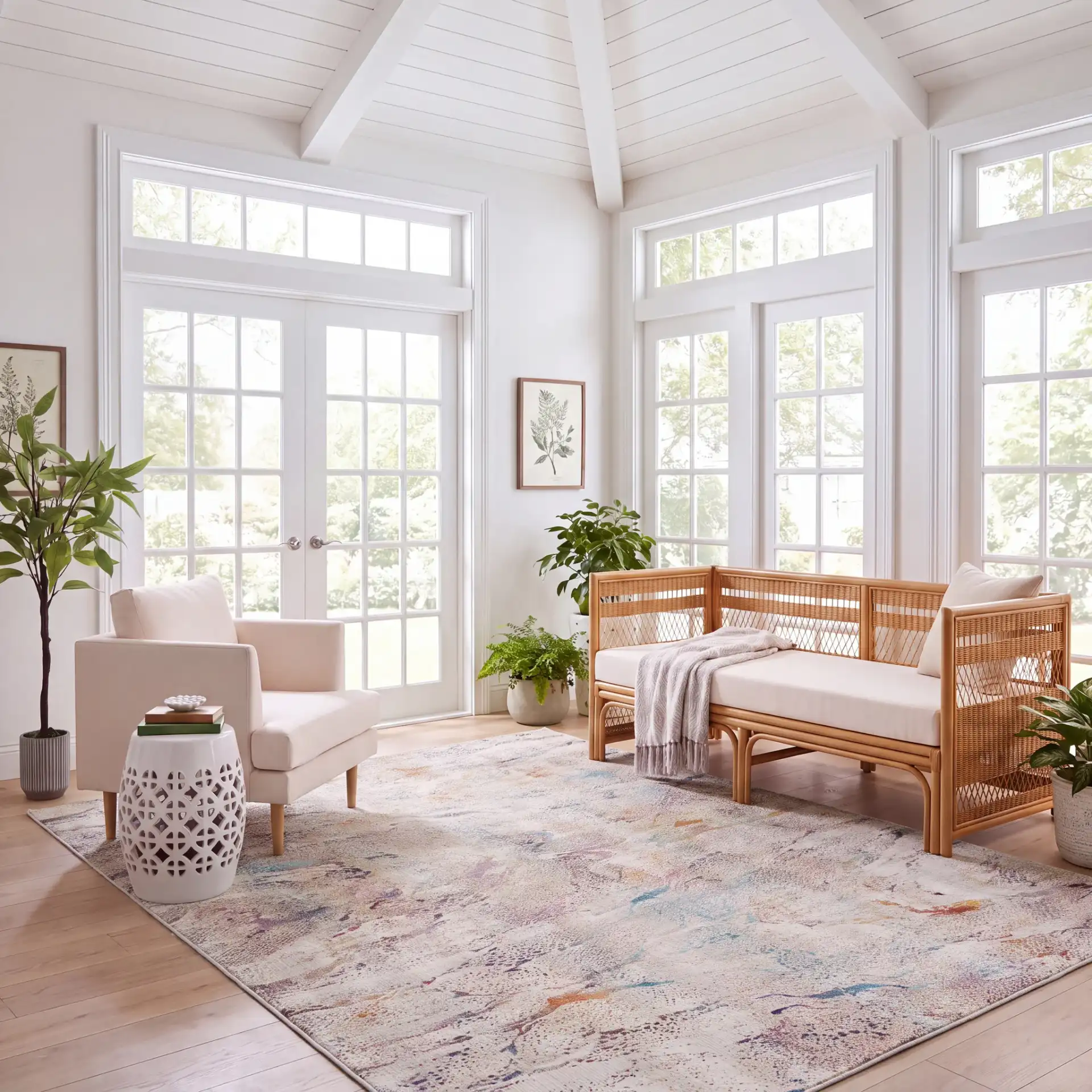 Rainbow Marbled Outdoor Rug in Ivory / Blue Gold in a styled room