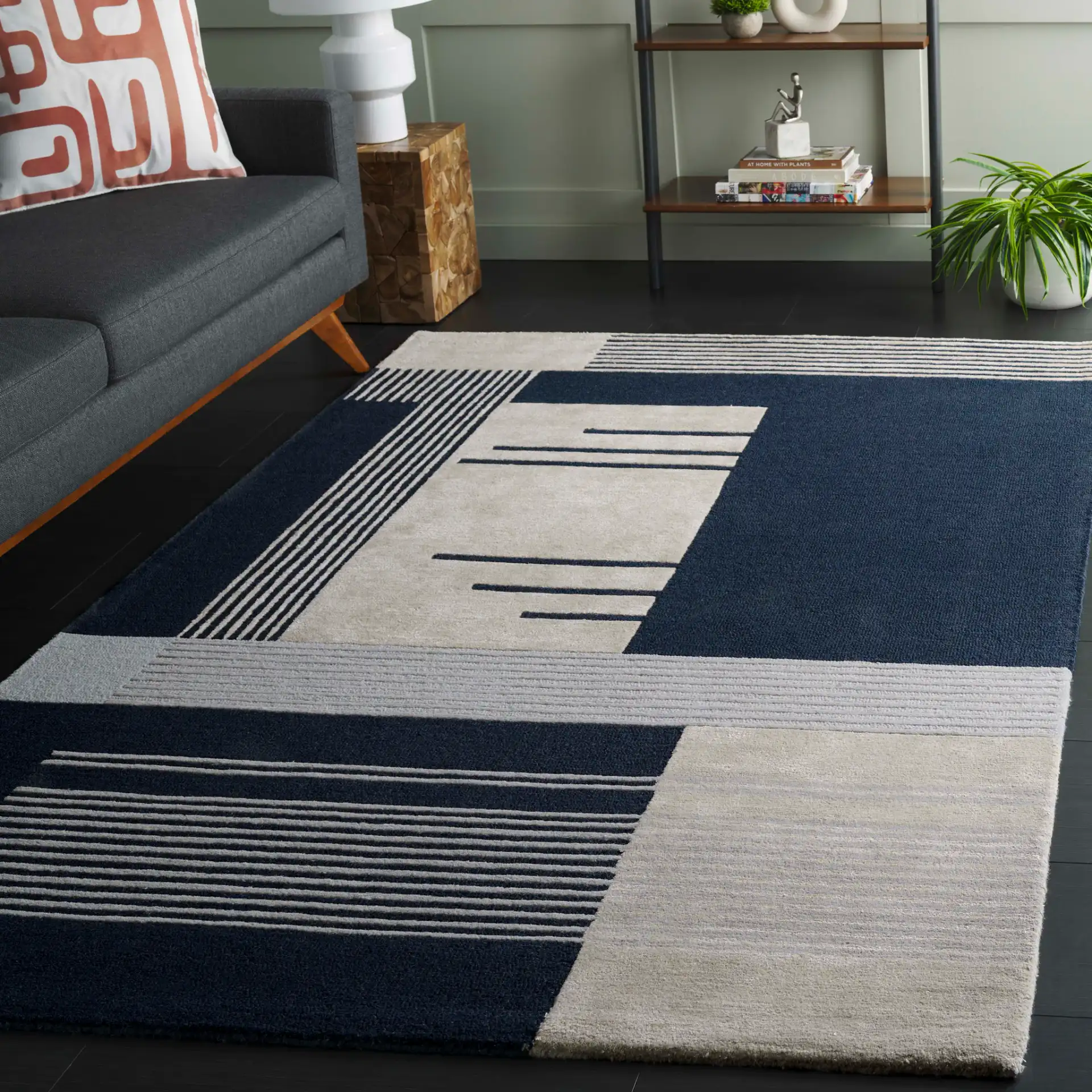Rodeo Drive Abstract Block Hand-Tufted Wool Rug in Navy / Ivory in a styled room