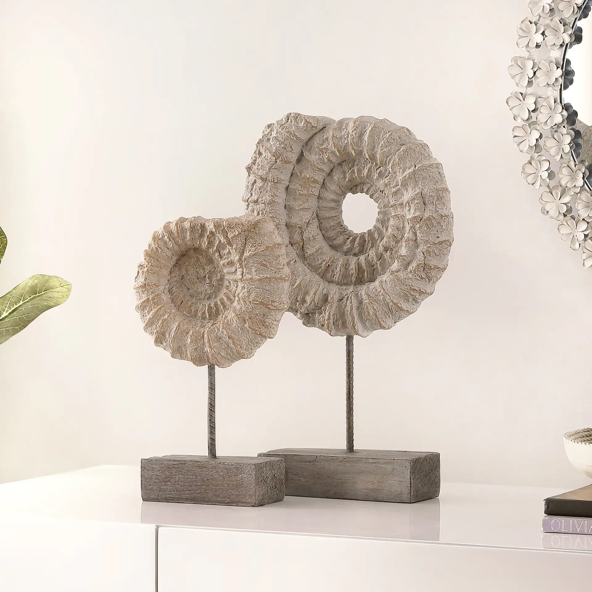 Lena Set Of 2 Ammonite Shell Table Decor (Set of 2) in Light Beige / Gray in a styled room