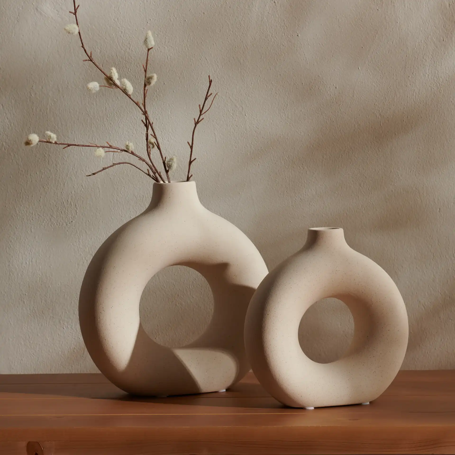 Avza Ceramic Vase (Set Of 2) in Beige in a styled room