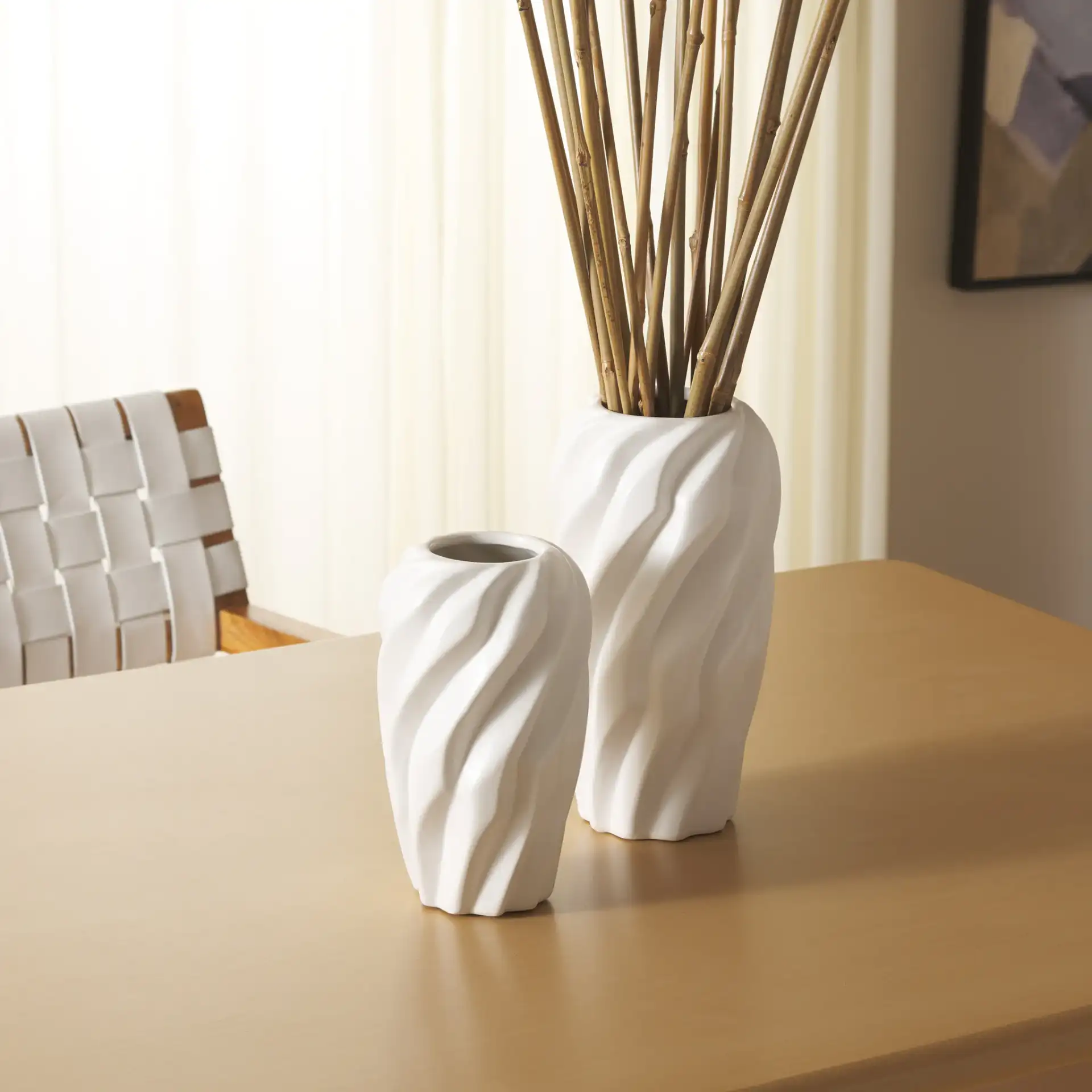 Verdad Ceramic Vase (Set Of 2) in Cream in a styled room