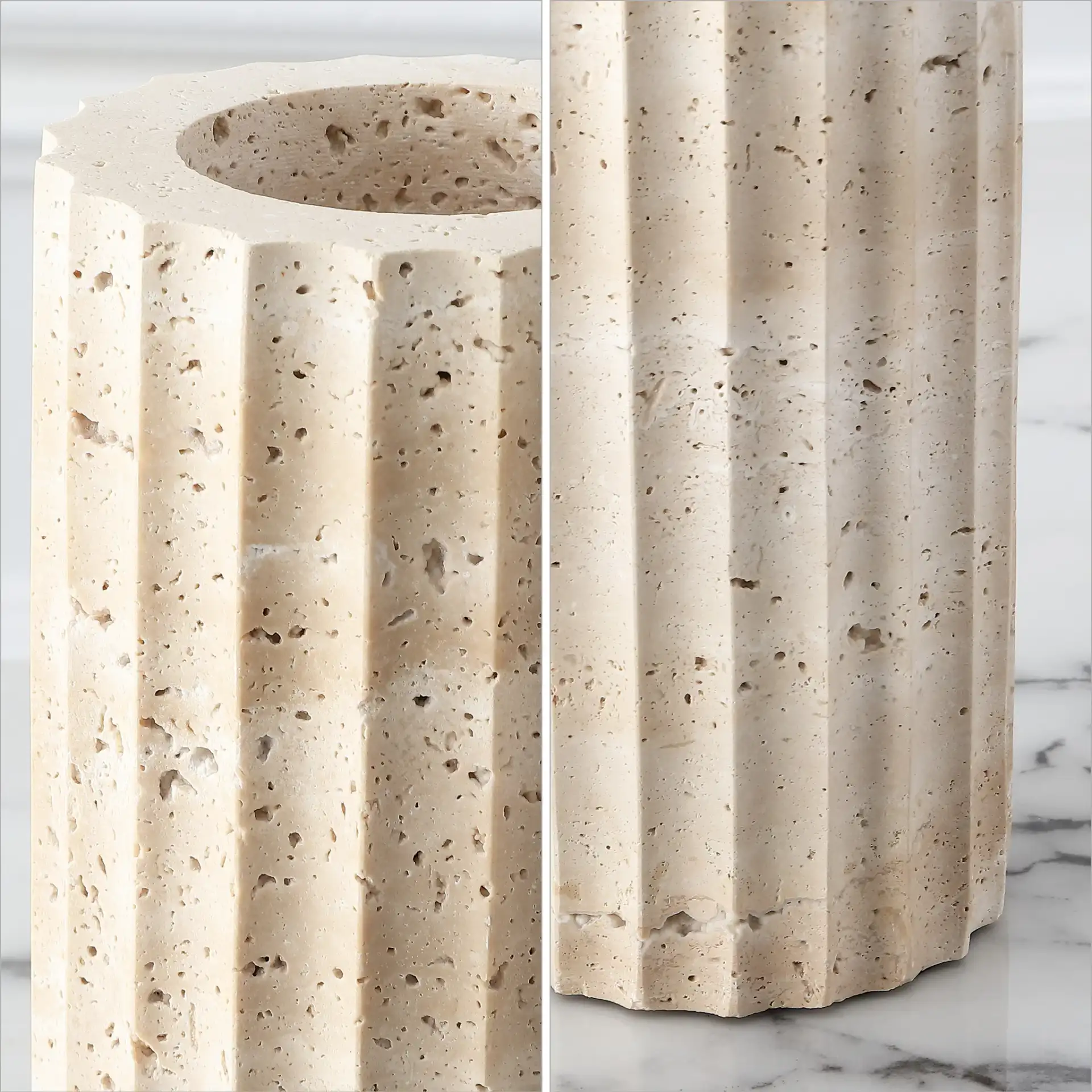 Teroi Travertine Vases (Set Of 2) in Sand in a styled room