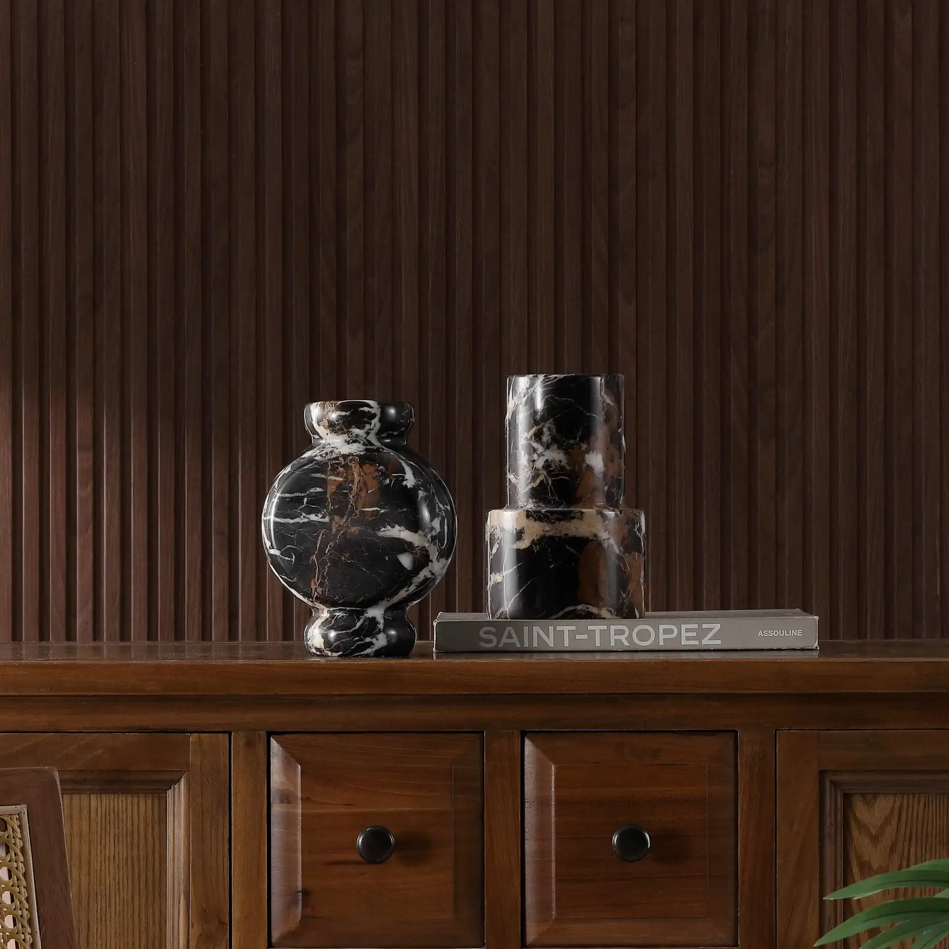 Reign Marble Vase (Set Of 2) in Black Marble / White Marble in a styled room