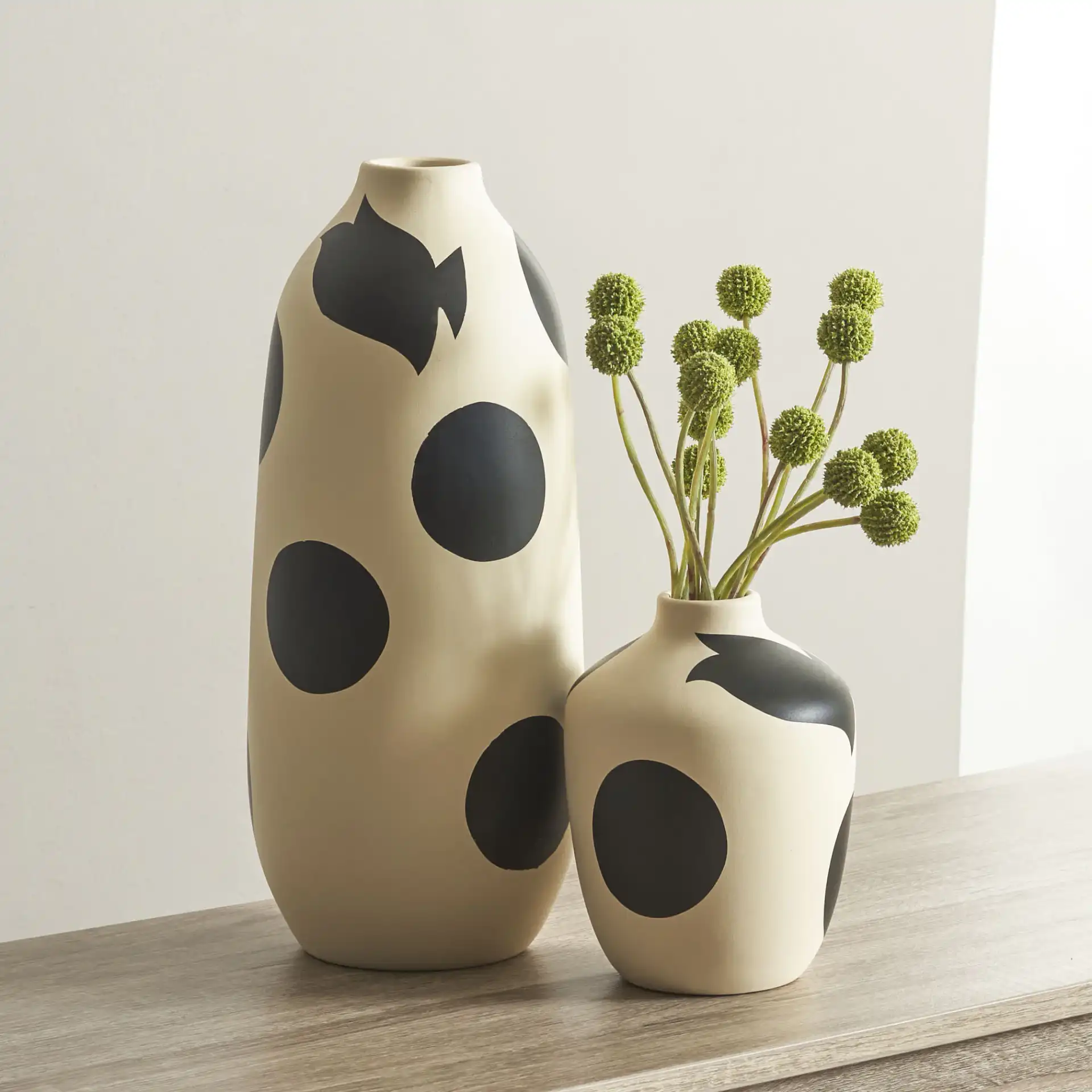 Tahleah Ceramic Vases (Set Of 2) in Cream / Black in a styled room