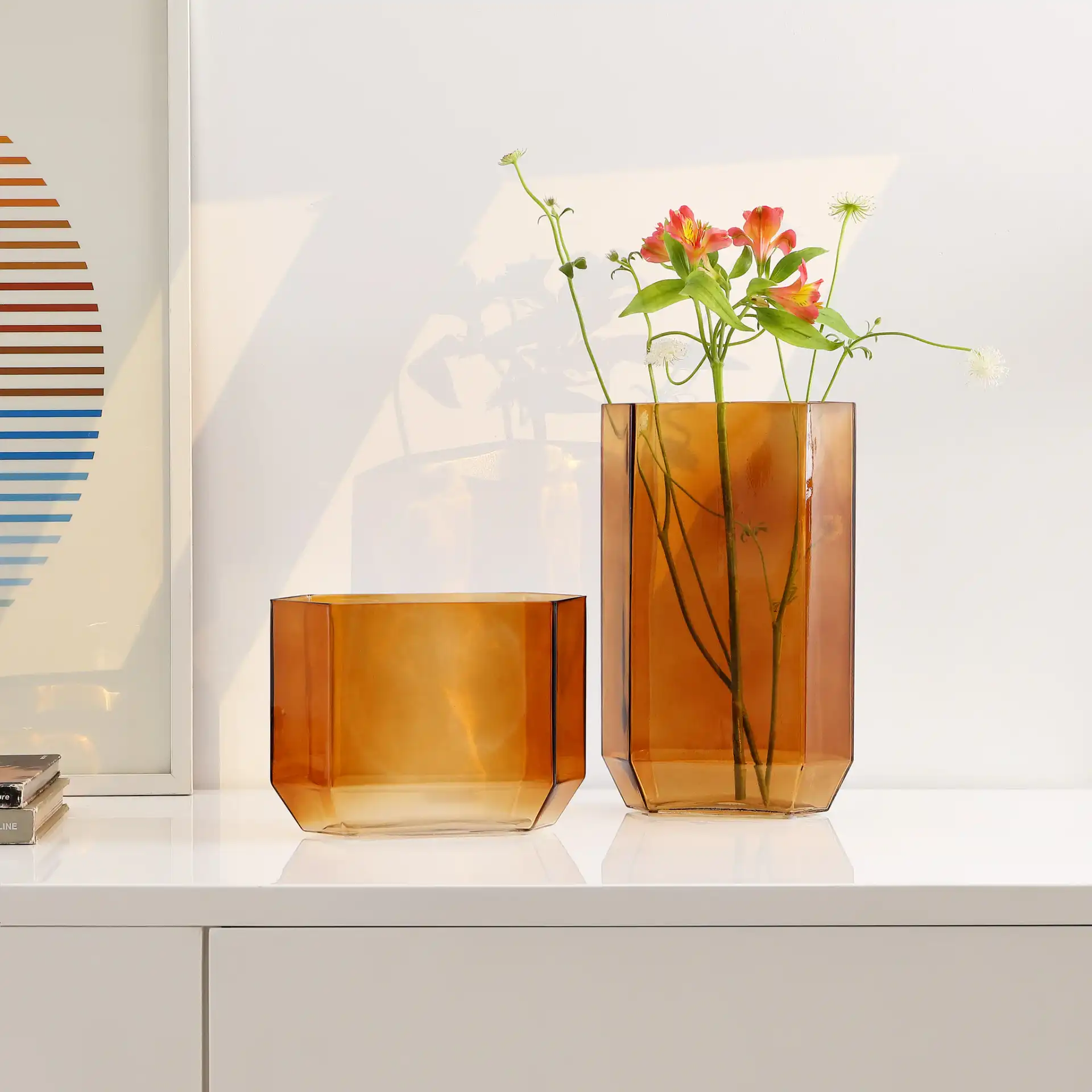 Noreno Glass Vase (Set Of 2) in Light Orange in a styled room