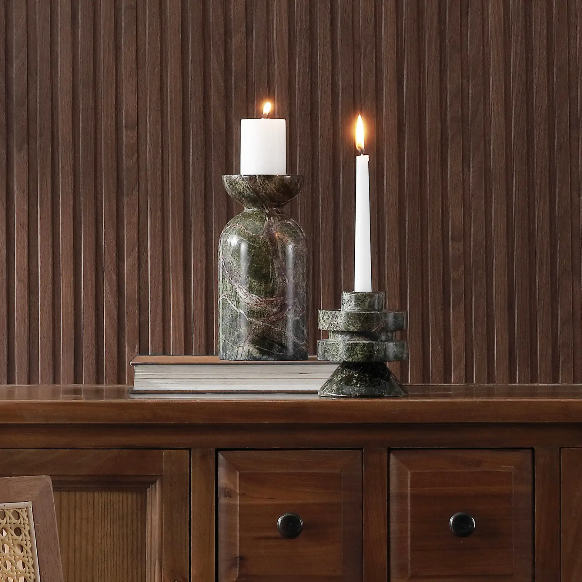 Thea Candle Holder (Set Of 2) in Dark Green in a styled room