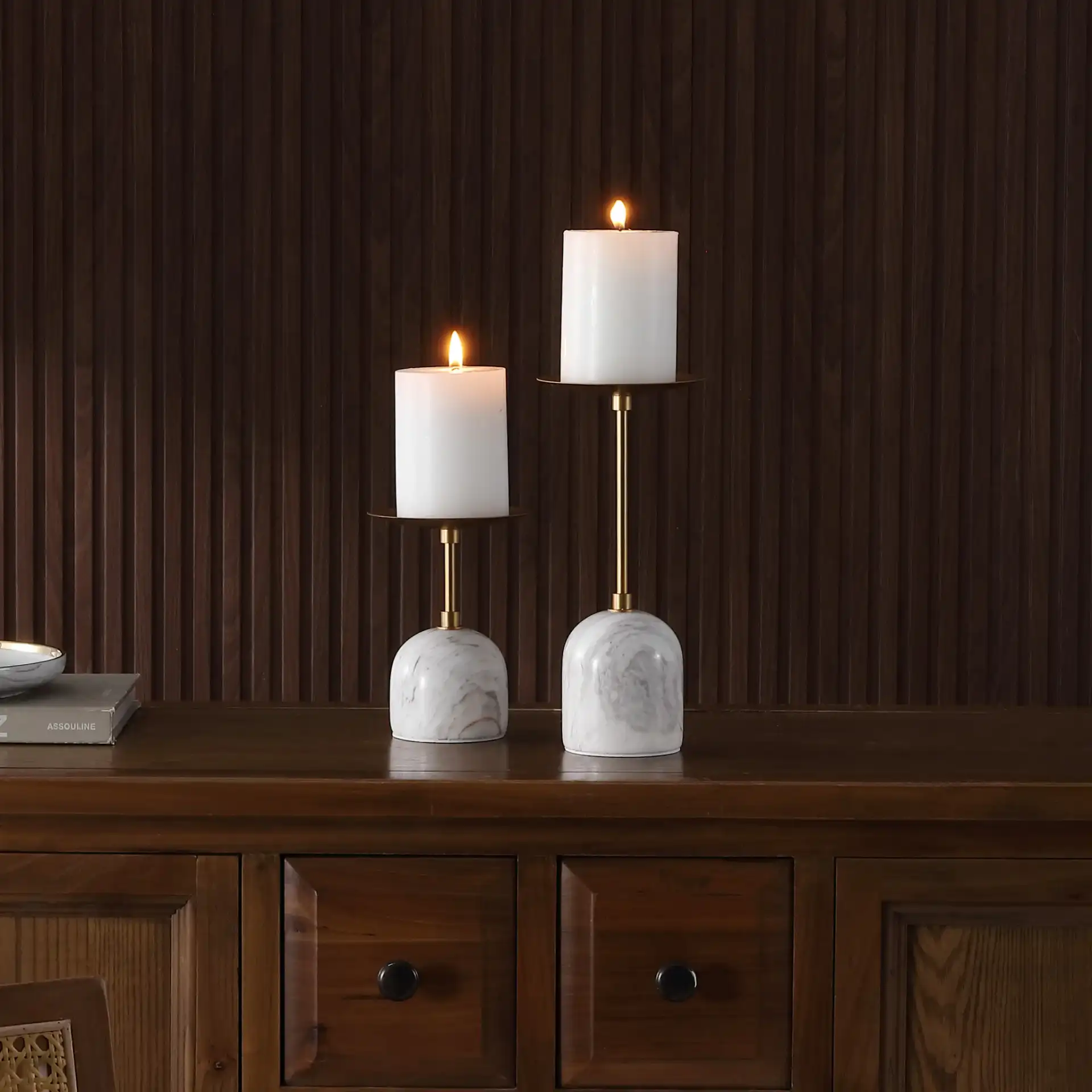 Hara Candle Holder (Set Of 2) in White / Gold in a styled room