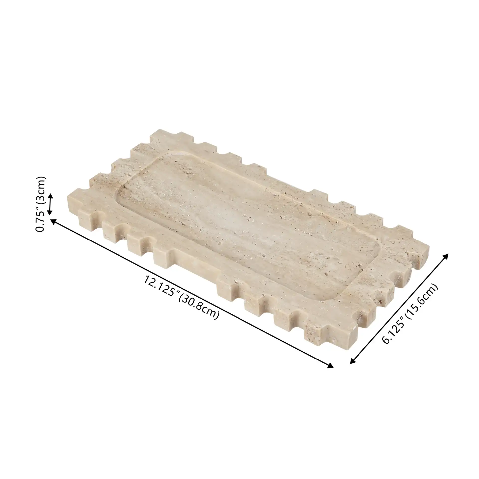 Lulu Travertine Rectangular Tray in Tan, detail view
