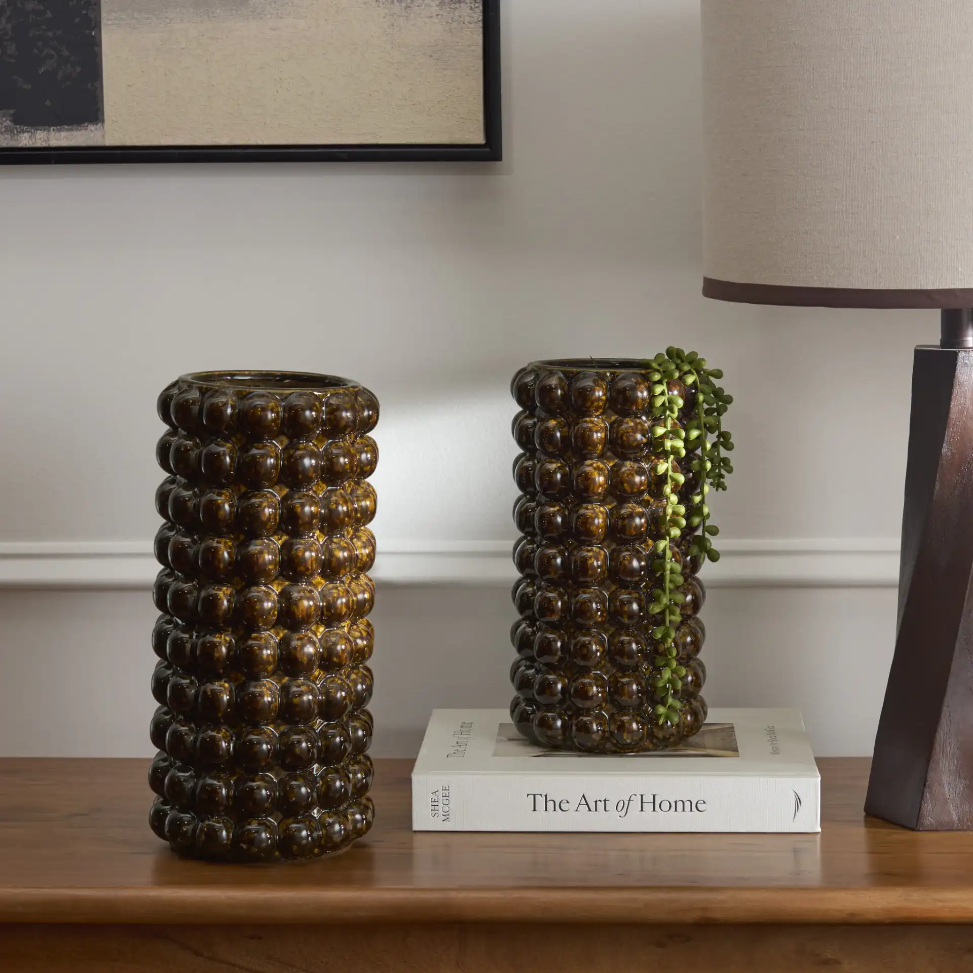 Sfera Bead Reactive Vase (Set of 2) in Brown in a styled room