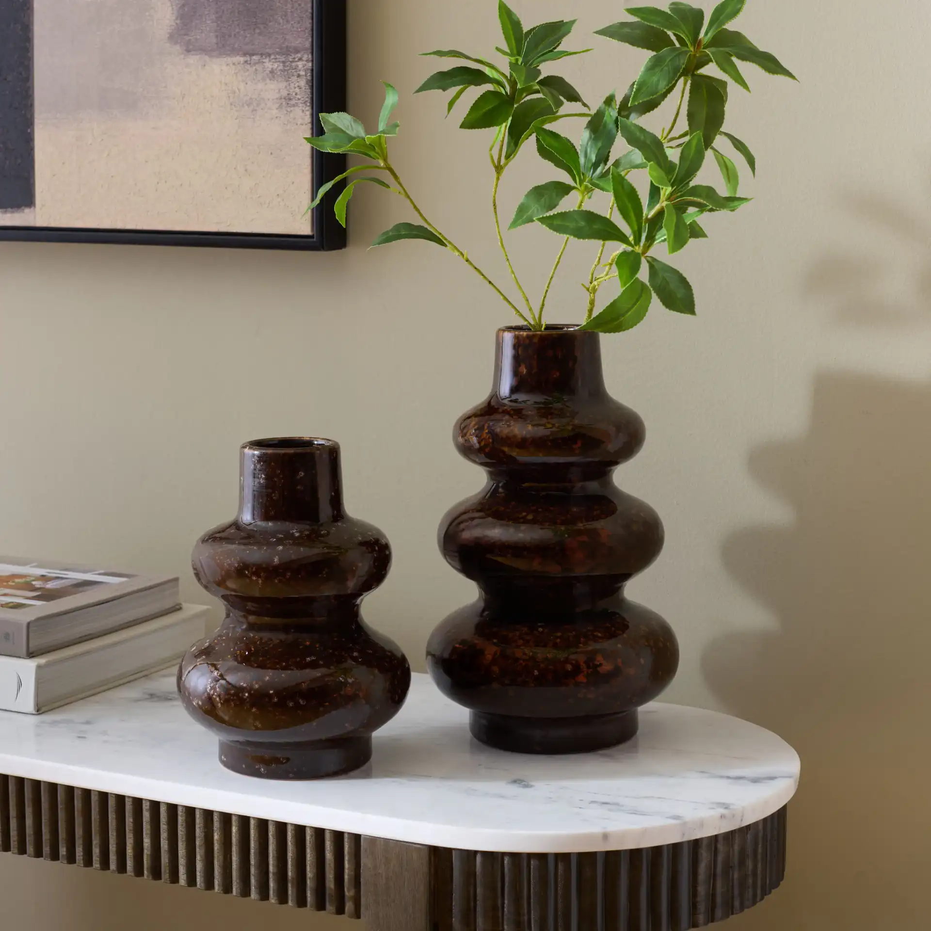 Orba Reactive Glaze Bubble Vase ( Set Of 2 ) in Brown in a styled room
