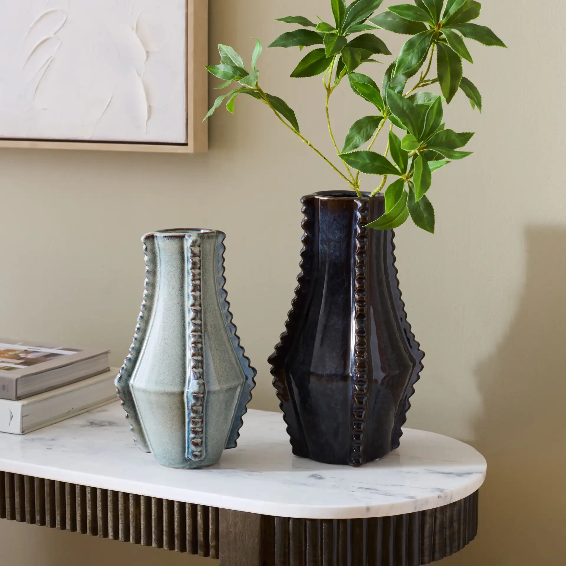 Mia Beam Trim Vase ( Set Of 2 ) in Blue in a styled room