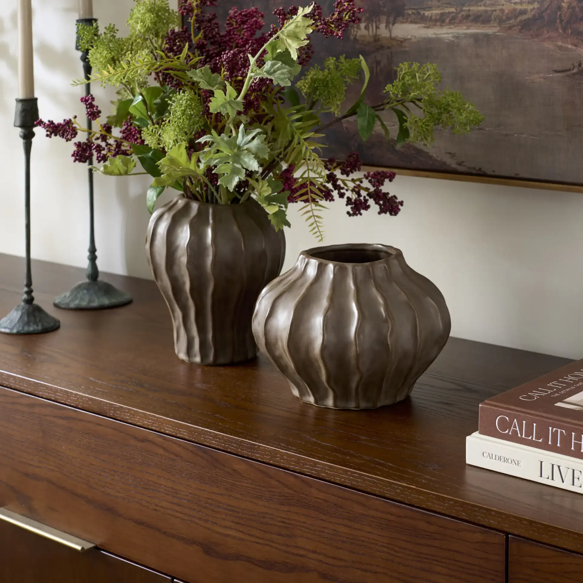 Choka Wavy Vase (Set Of 2) in Brown in a styled room