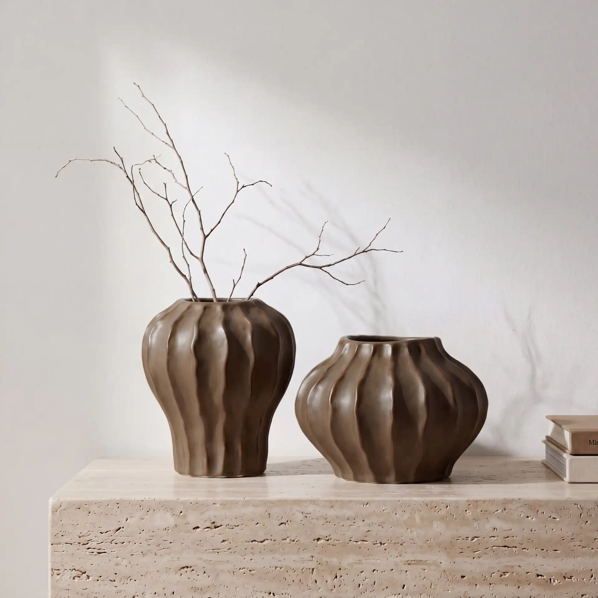 Choka Wavy Vase (Set Of 2) in Brown in a styled room
