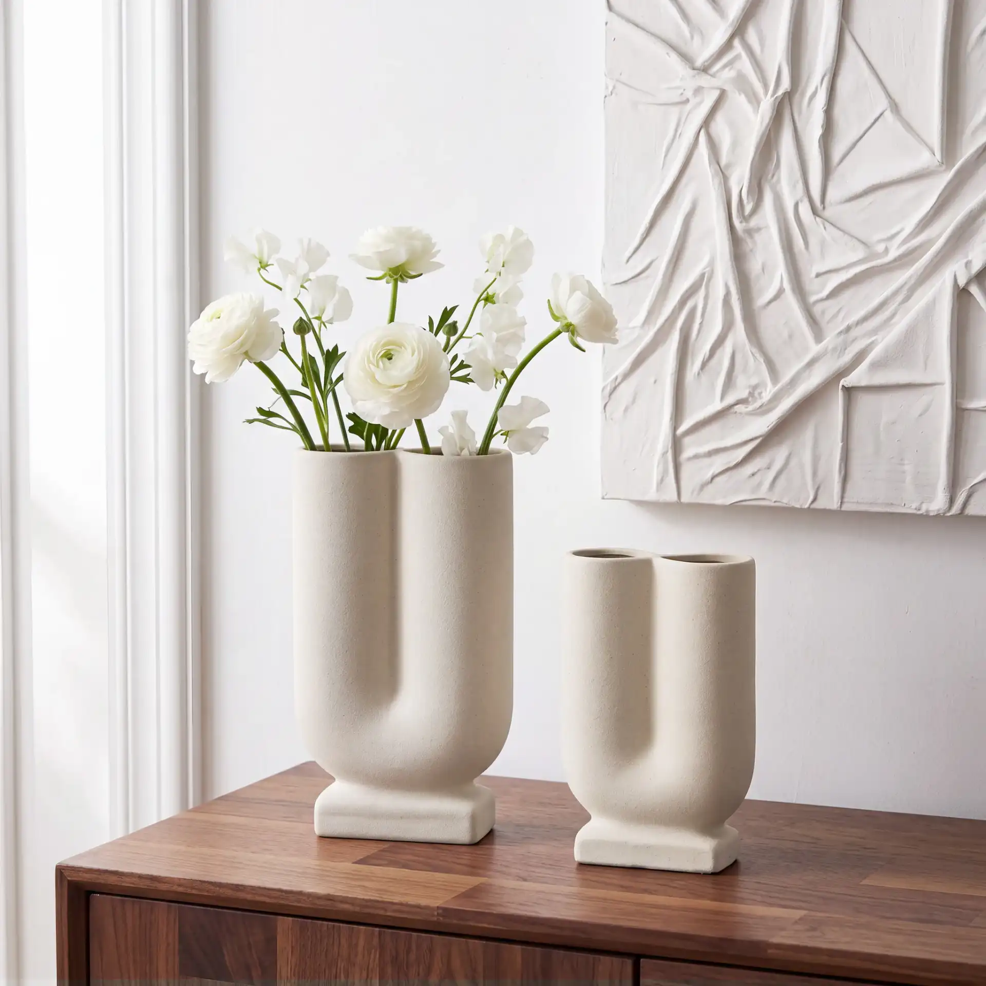 Sora Sculpture Vase ( Set Of 2 ) in Creme in a styled room