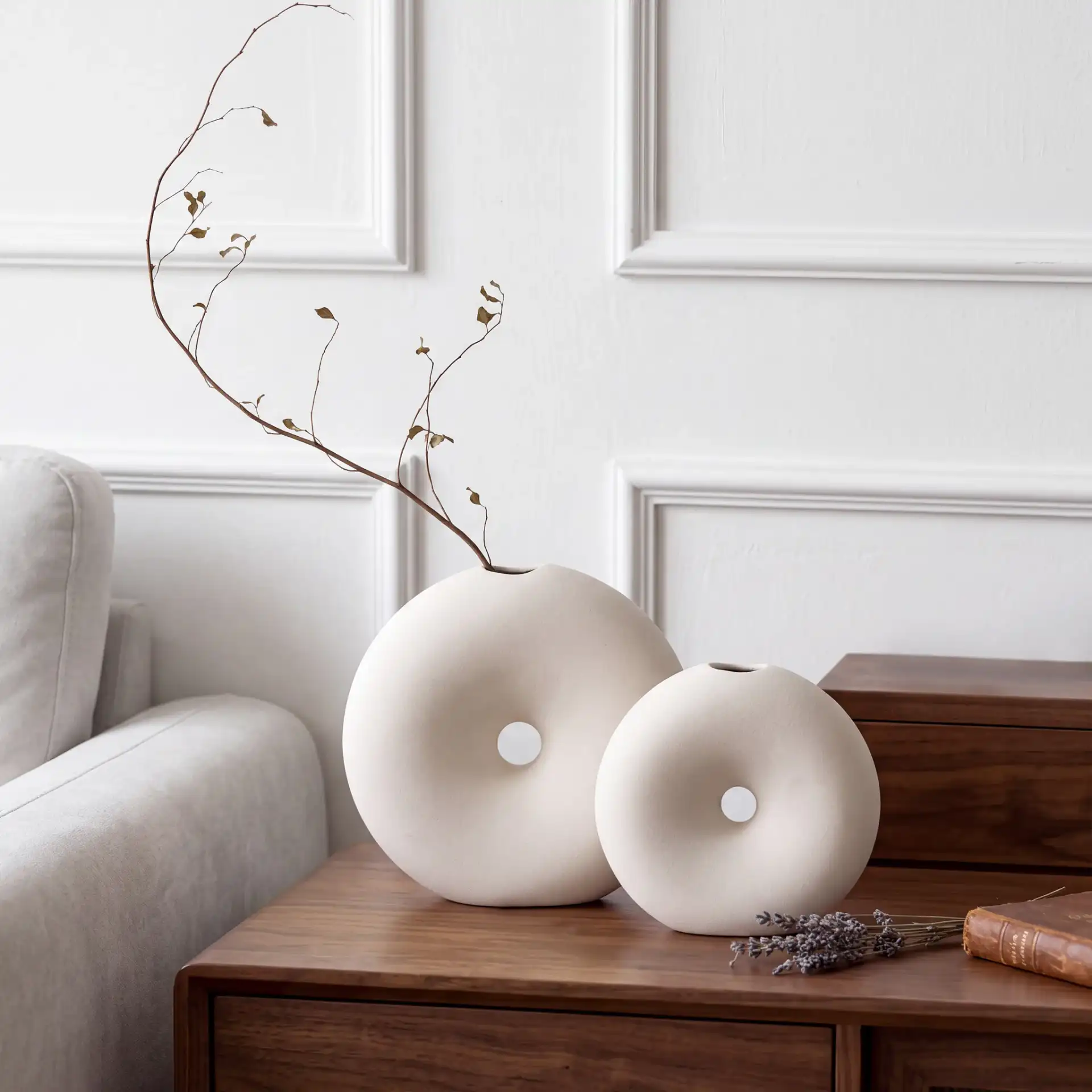 Dona Round Vase ( Set Of 2 ) in Off White in a styled room