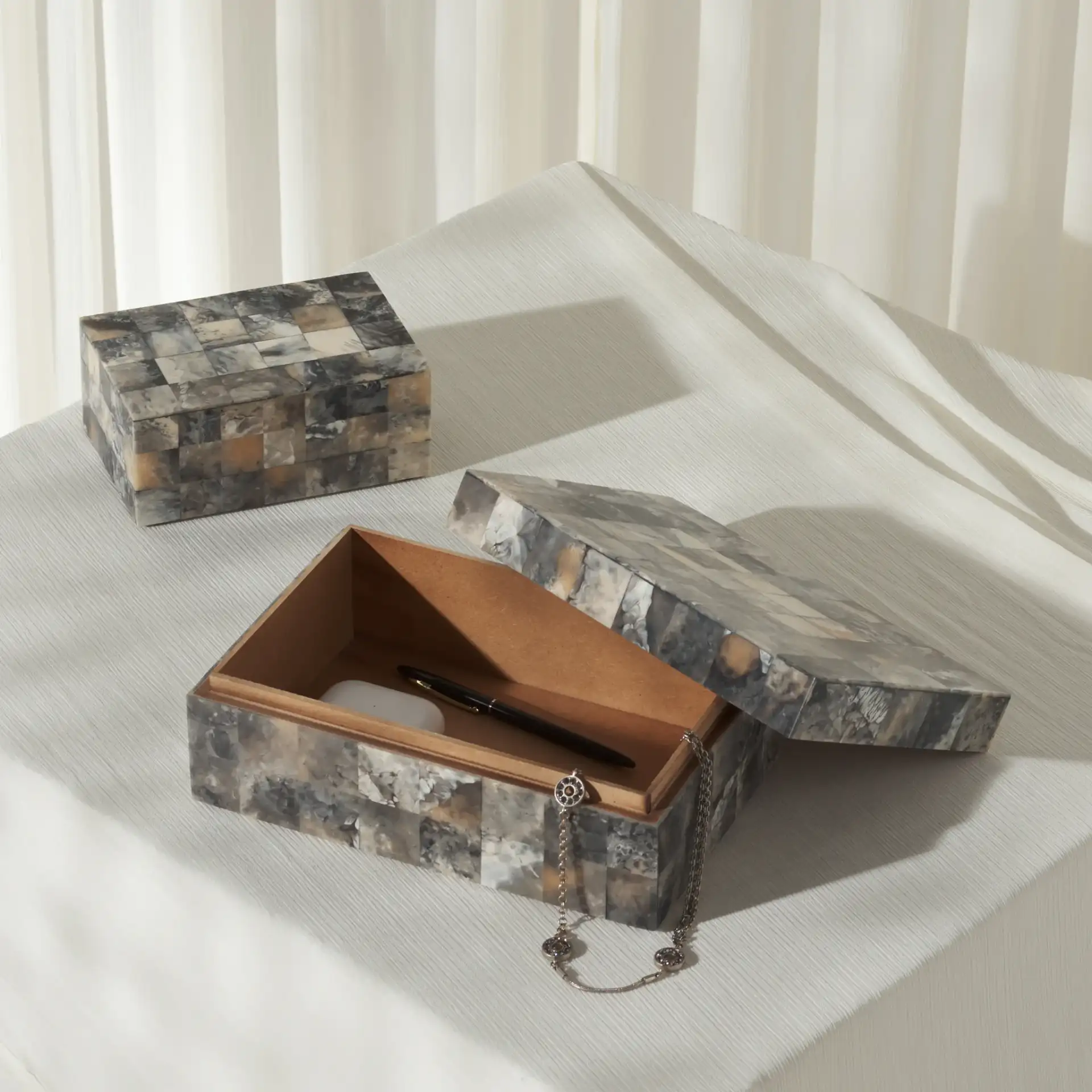 Lori Decor Box (Set Of Two) in Antique Green / Horn in a styled room