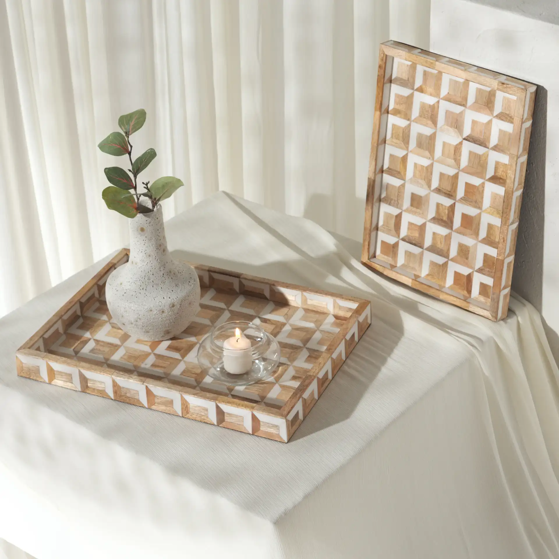 Aria Two-Piece Tray Set in Antique Ivory / Natural Brown in a styled room