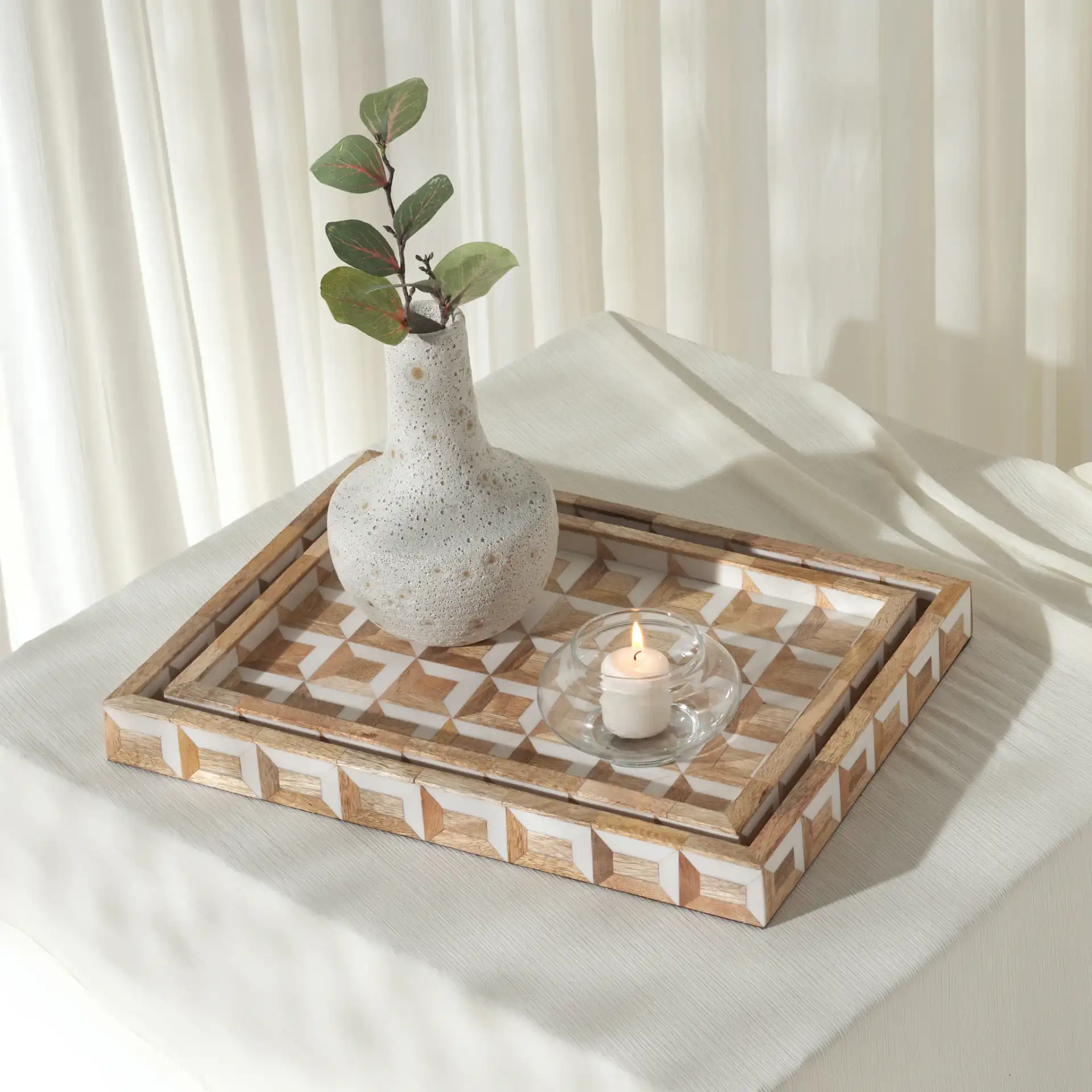 Aria Two-Piece Tray Set in Antique Ivory / Natural Brown in a styled room