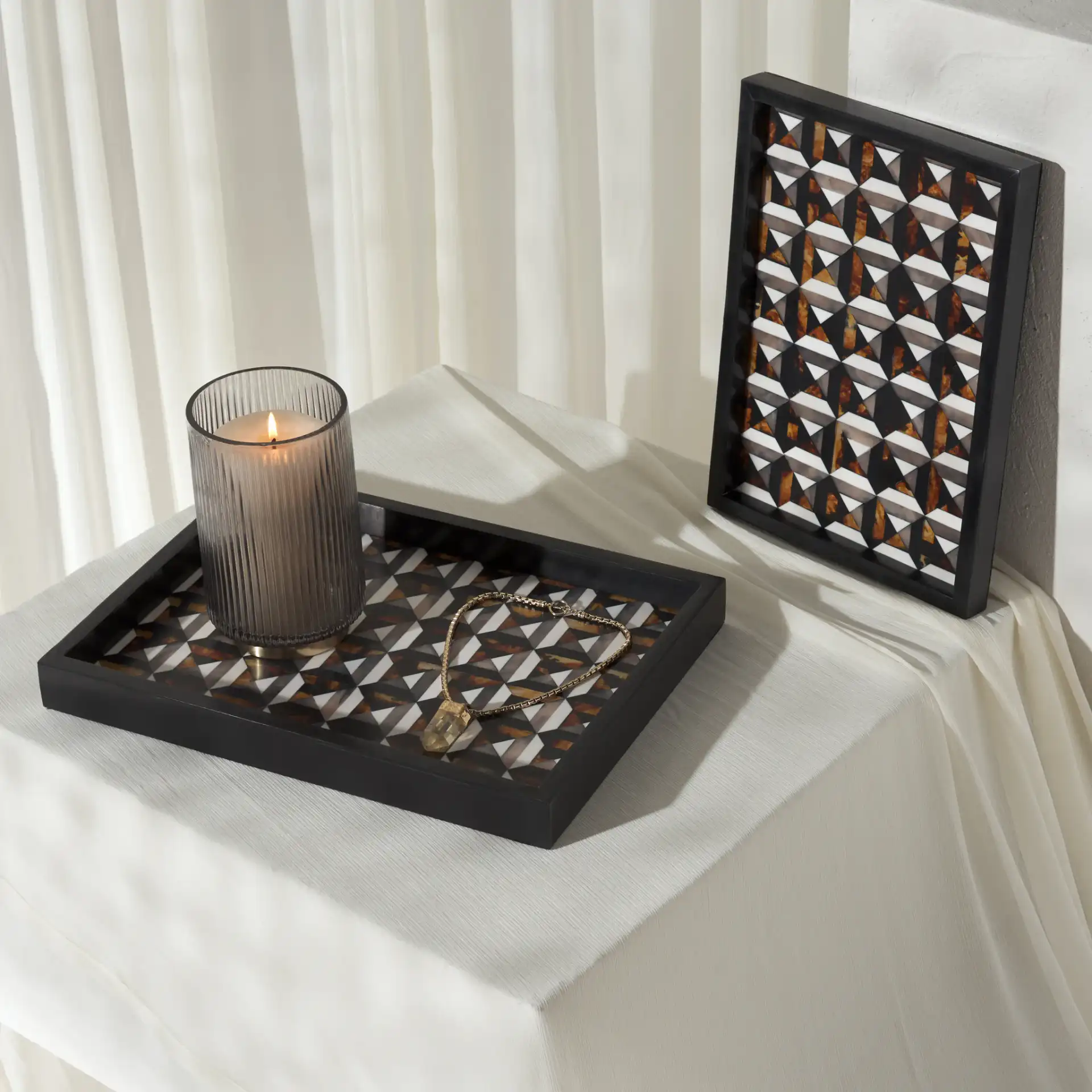 Ani Two-Piece Tray Set in Ivory / Brown in a styled room