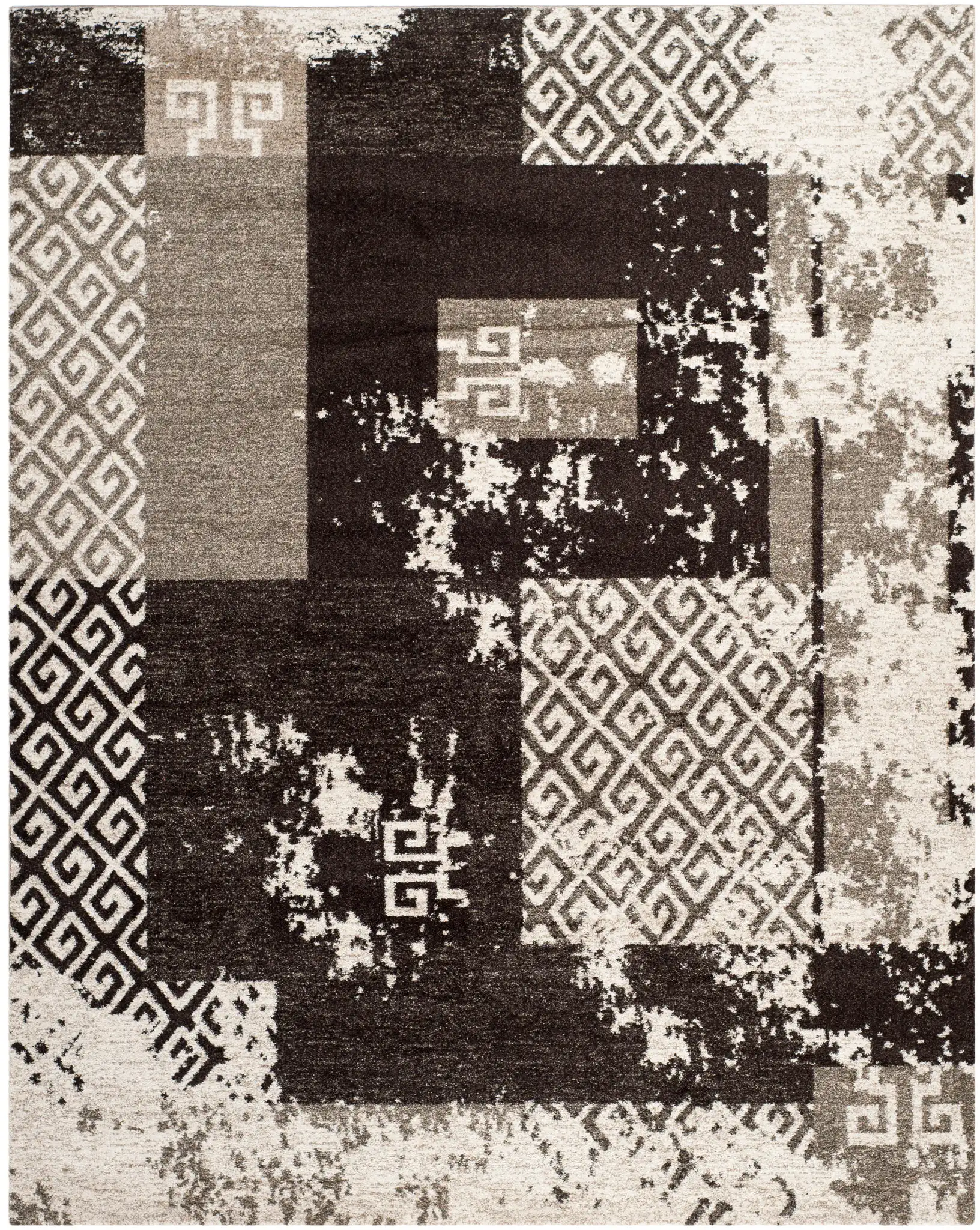 Retro Modern Patchwork Geometric Rug in Cream / Brown