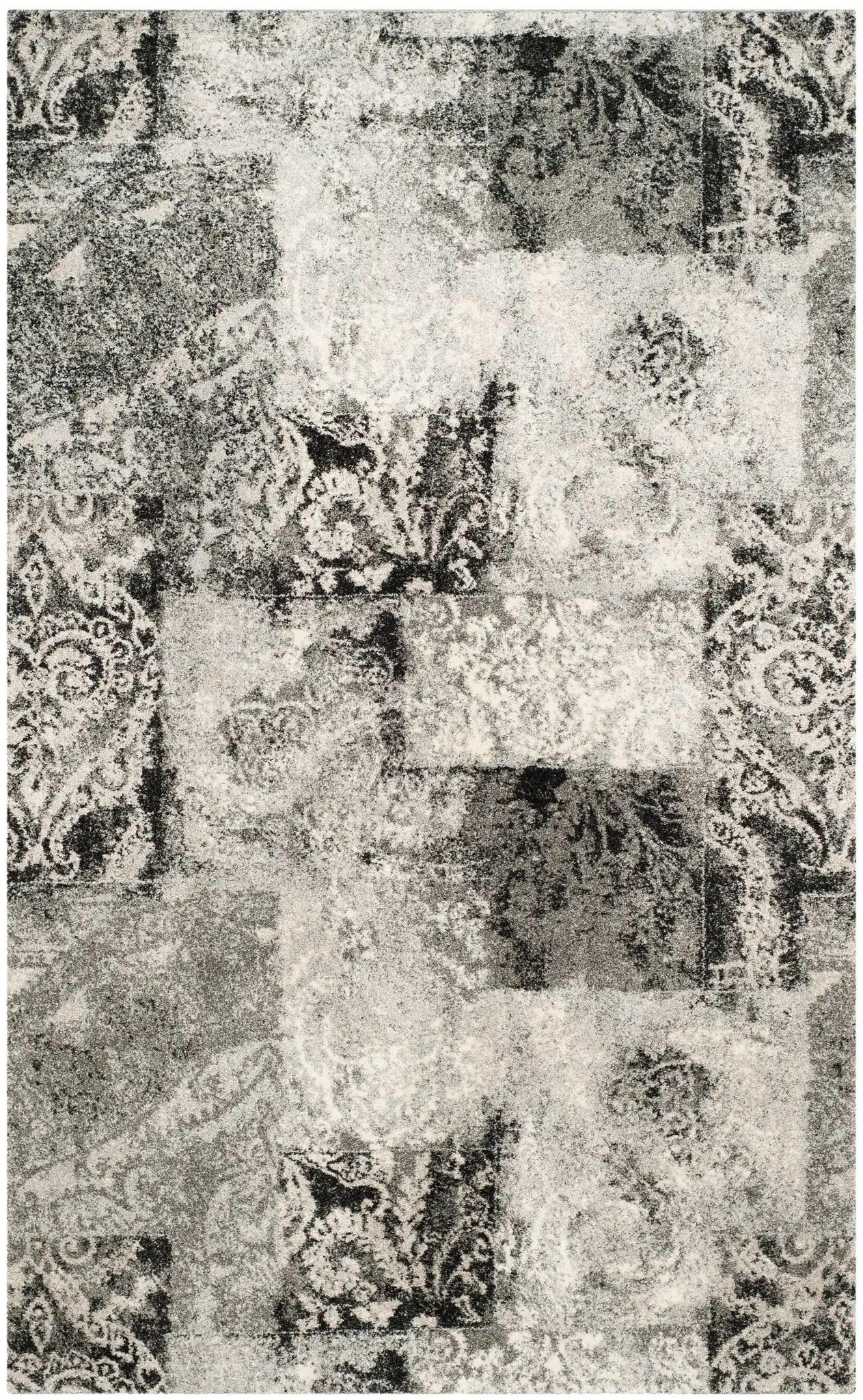 Retro Patchwork Damask Rug in Cream / Gray
