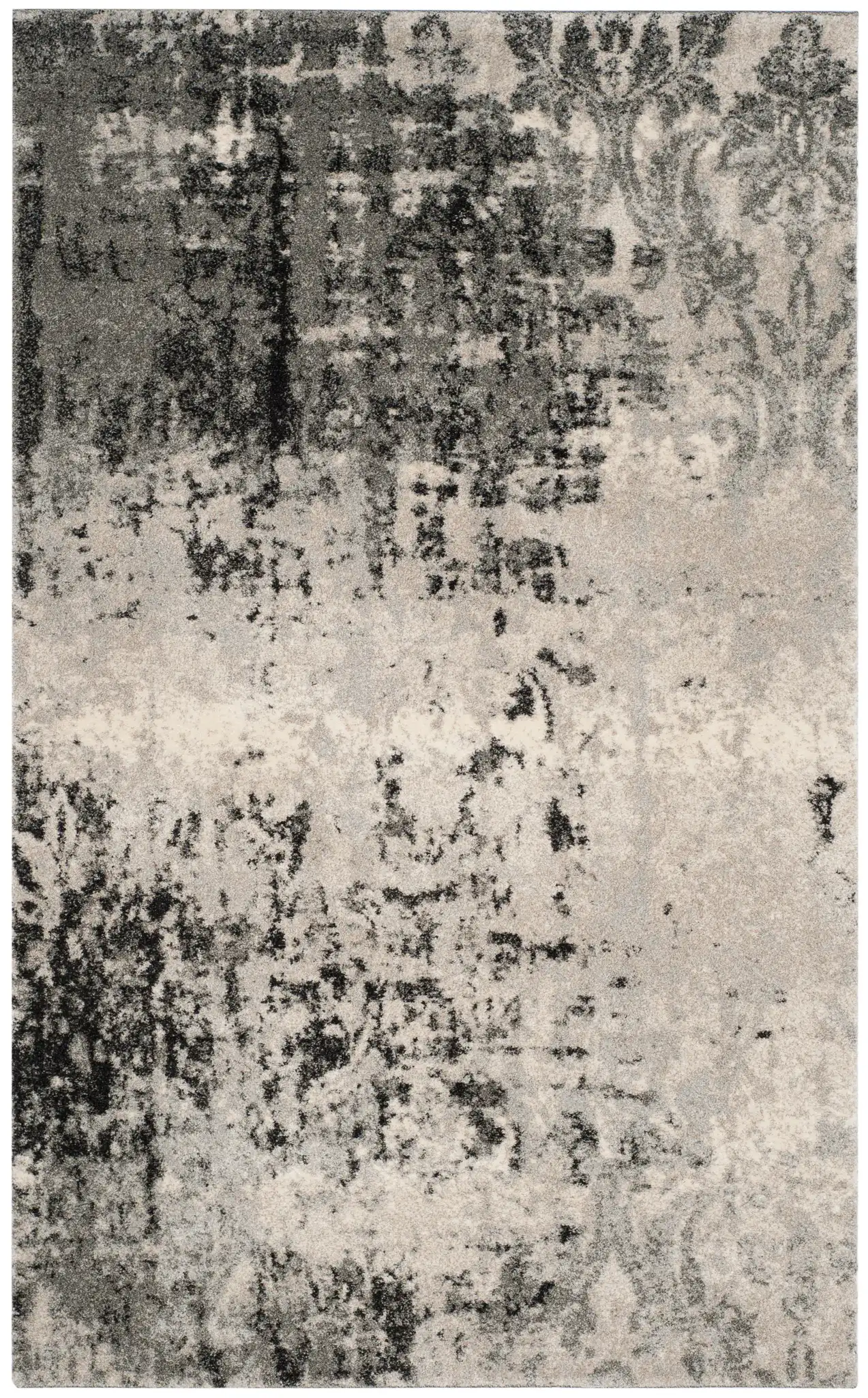 Retro Modern Distressed Damask Rug in Light Gray / Gray