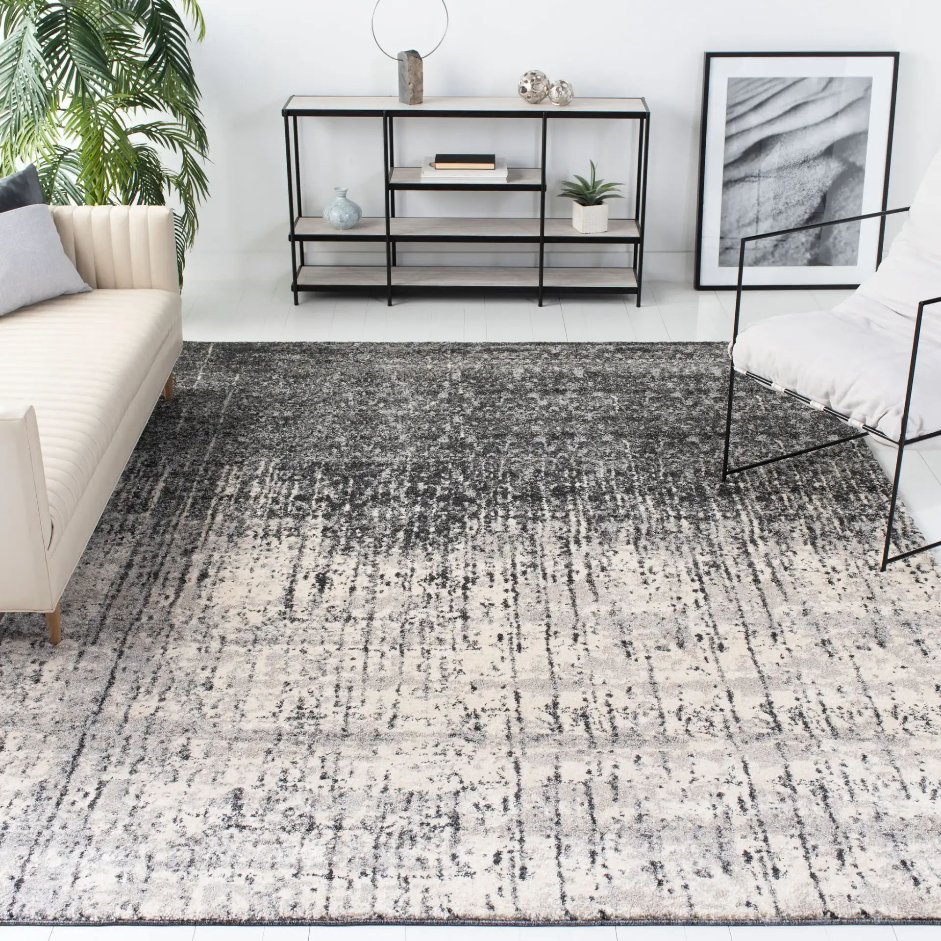 Retro Modern Ombre Rug in Black / Light Gray in a styled room