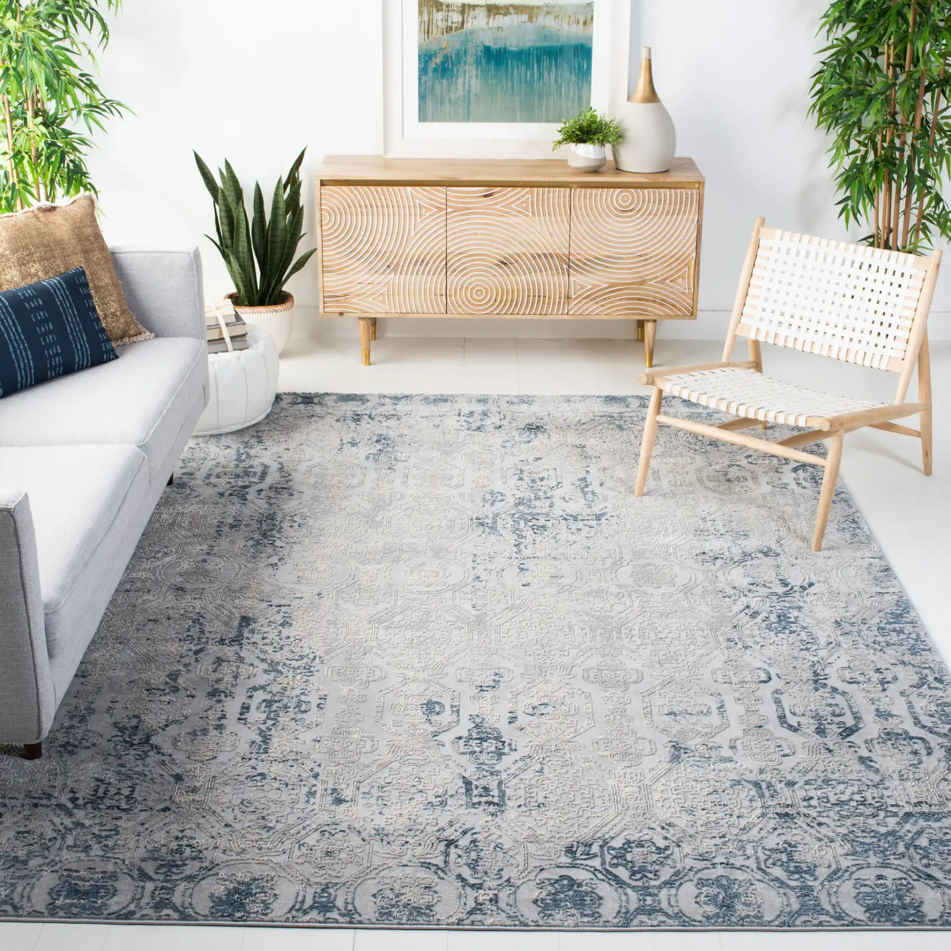 Reflection Distressed Tile Rug in Beige / Gray in a styled room