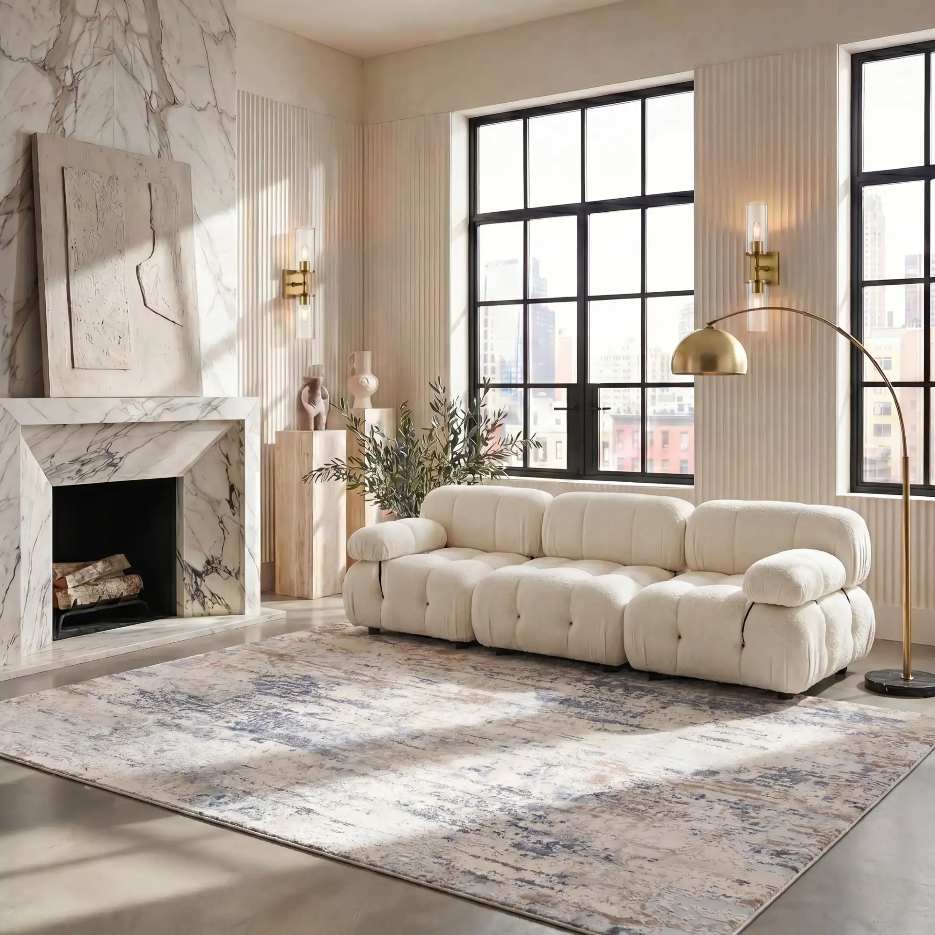 Reflection Distressed Abstract Rug in Cream / Gray in a styled room