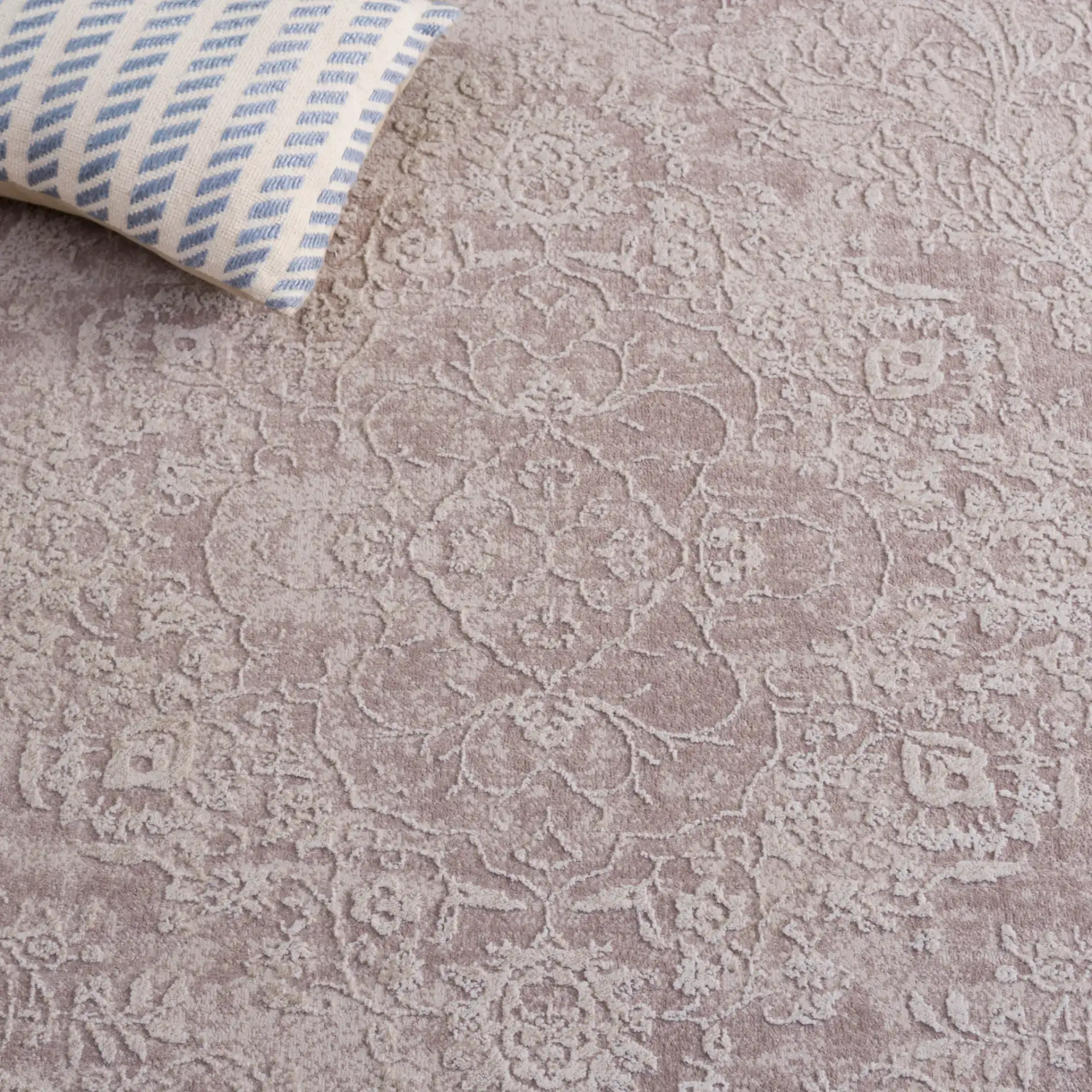 Reflection Distressed Medallion Rug in Beige / Cream in a styled room