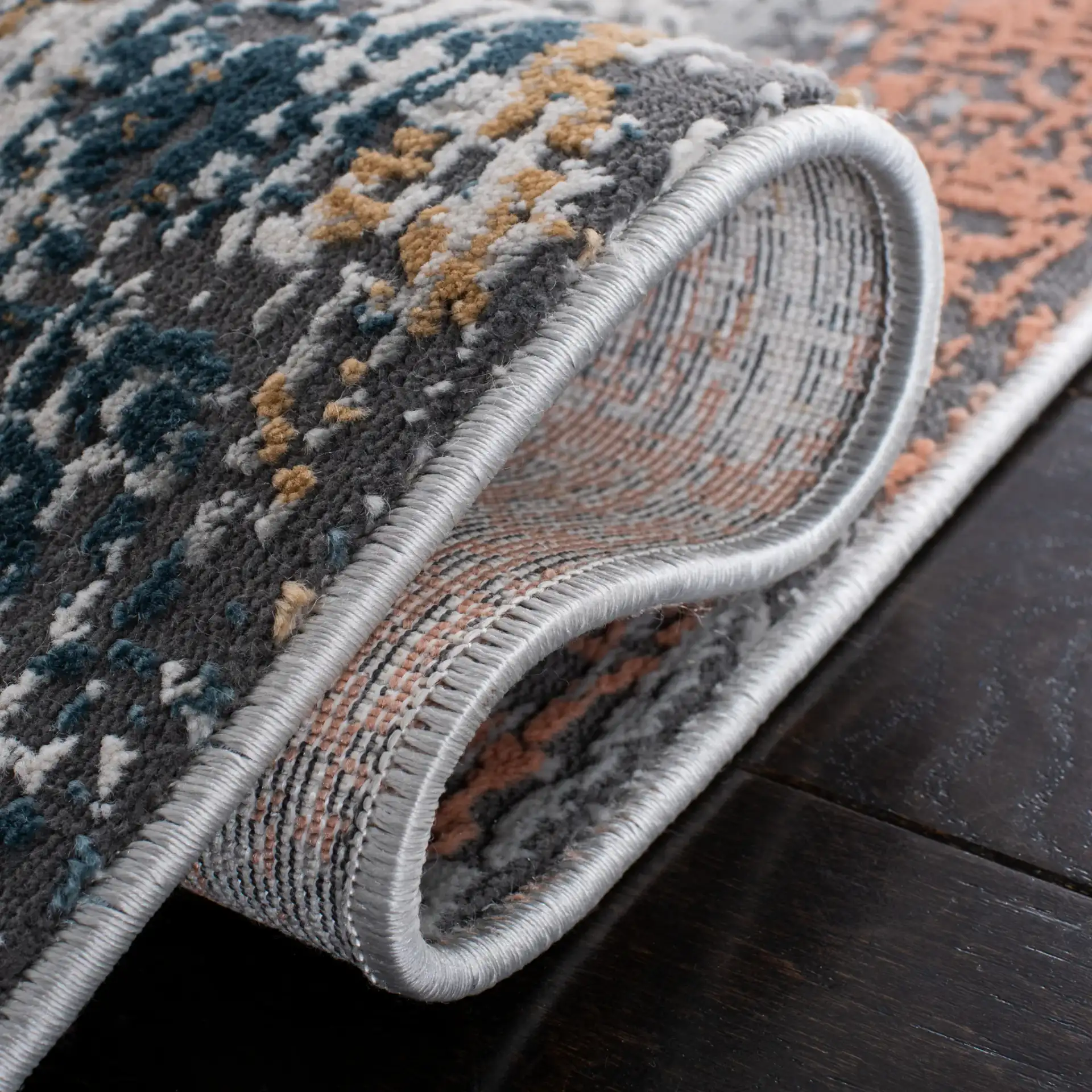 Reflection Modern Abstract Rug in Gray / Blue in a styled room