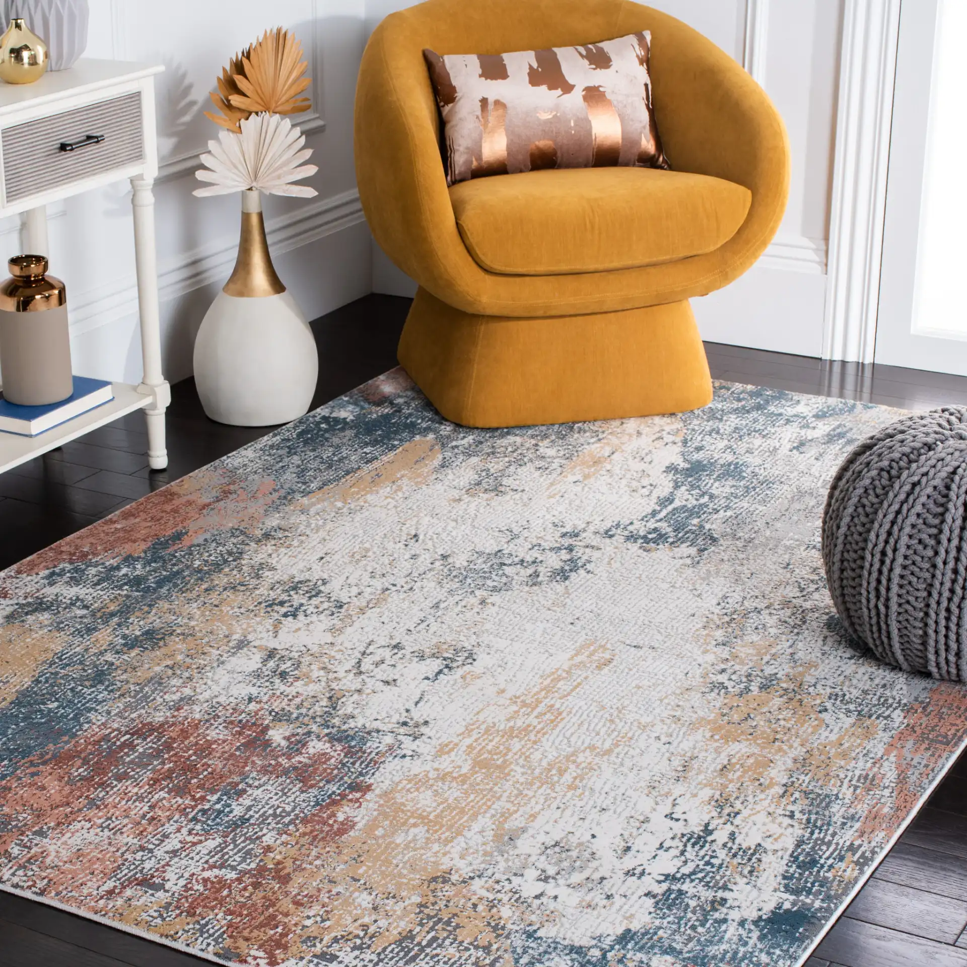 Reflection Modern Abstract Rug in Gray / Blue in a styled room