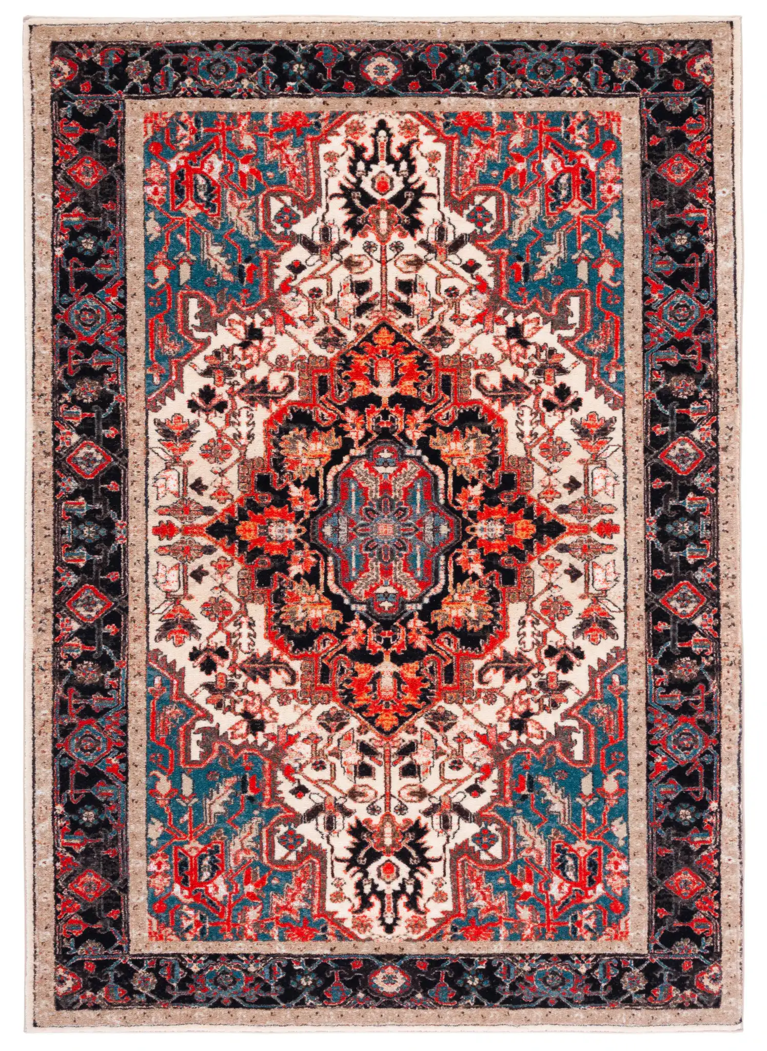 Riviera Medallion Bordered Washable Rug in Ivory / Blue