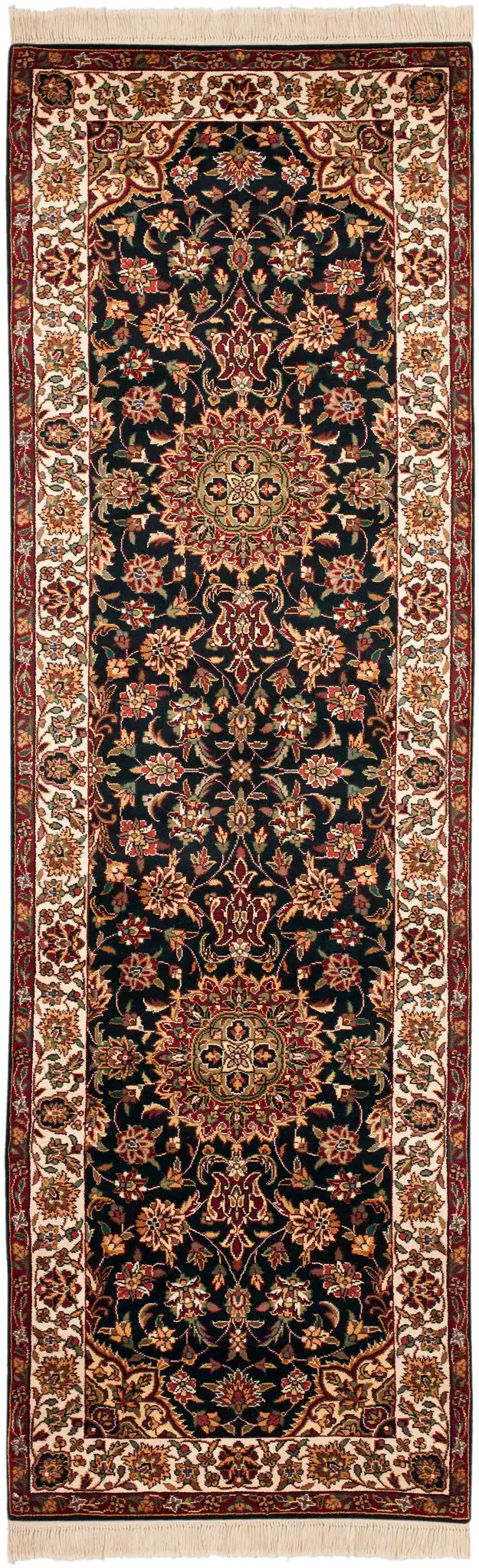 Royal Kerman Floral Scroll Hand-Knotted Wool Rug in Black / Ivory, detail view