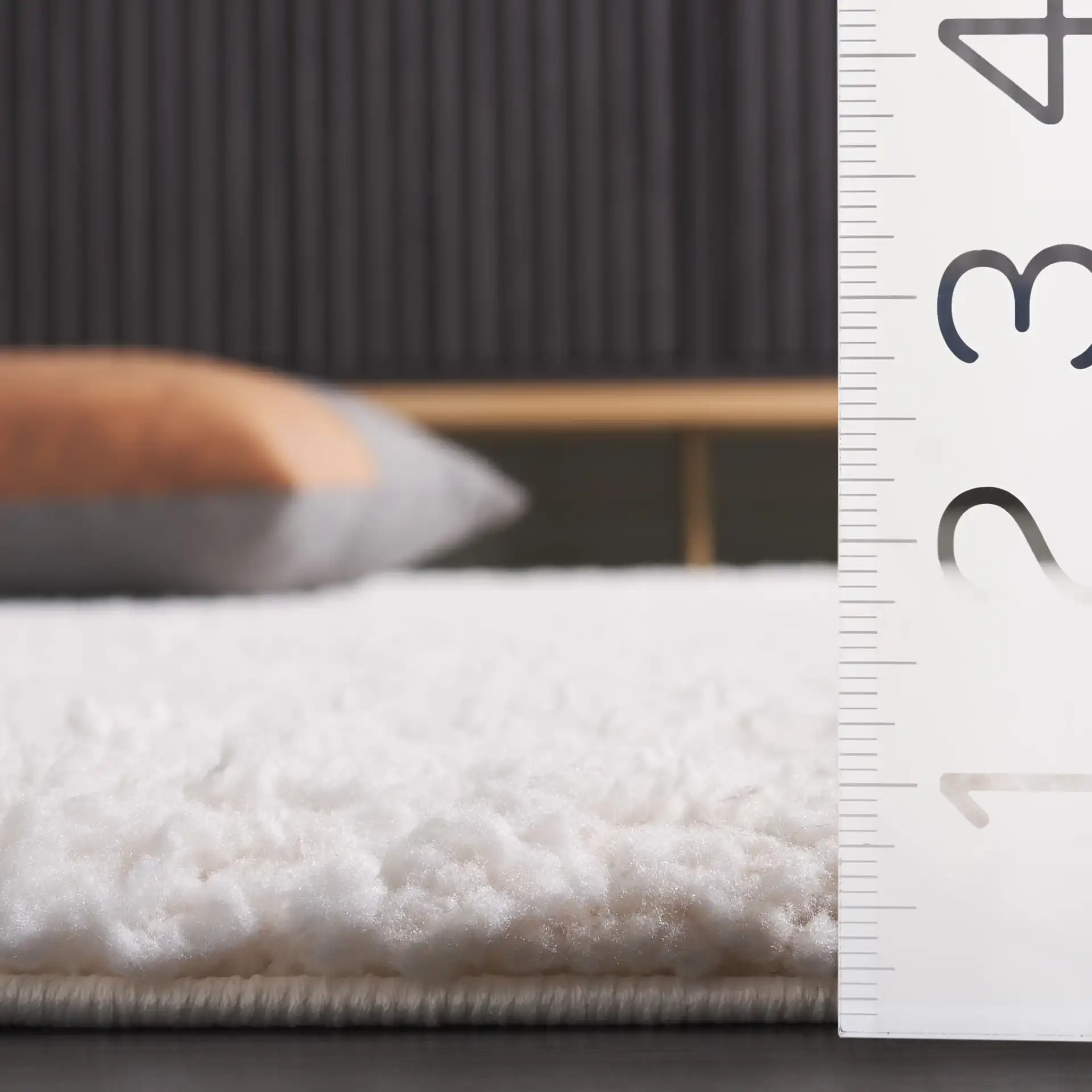 Rumi Textured Heathered Shag Rug in Ivory / Light Beige in a styled room