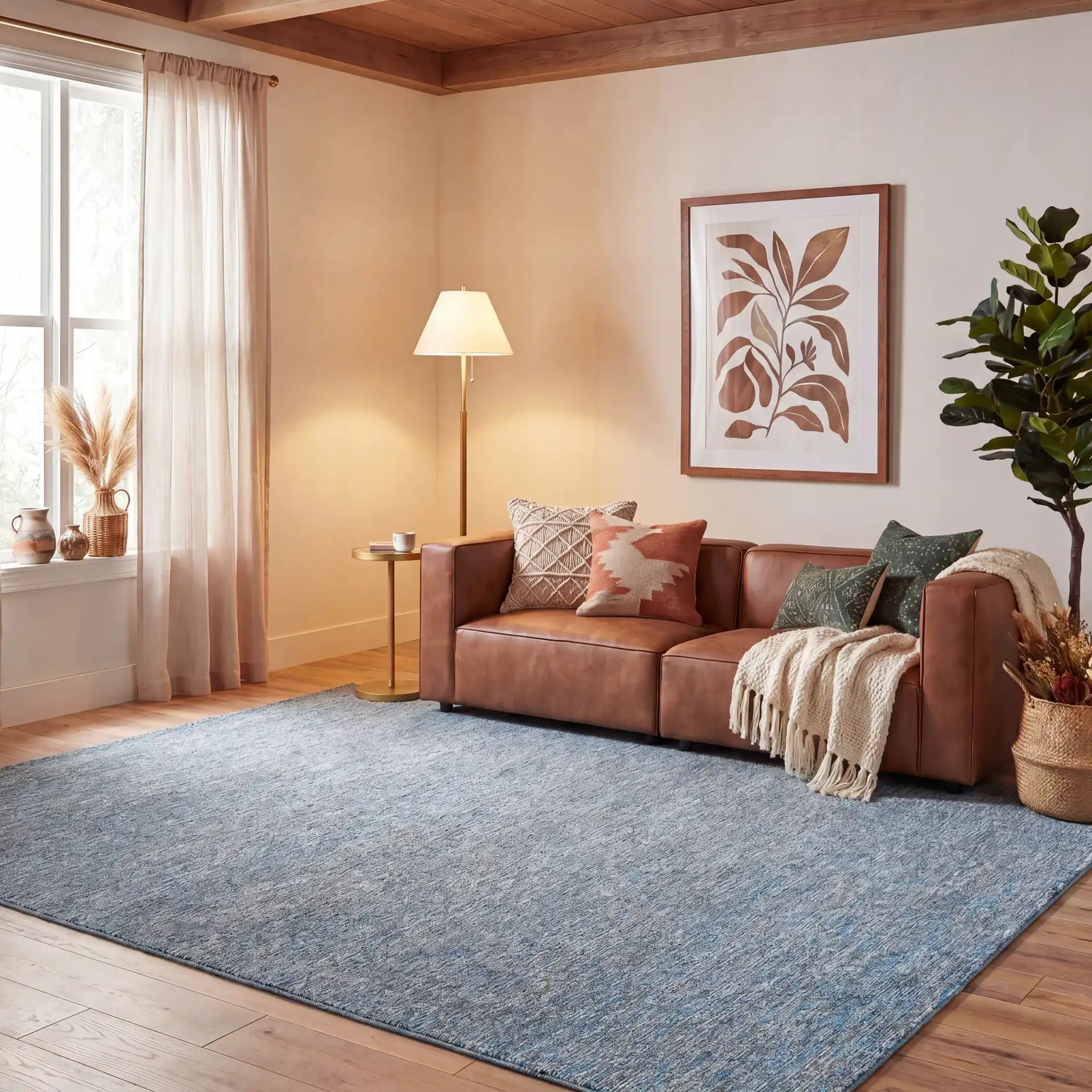 Renewal Heathered Solid Hand-Tufted Rug in Blue / Ivory in a styled room