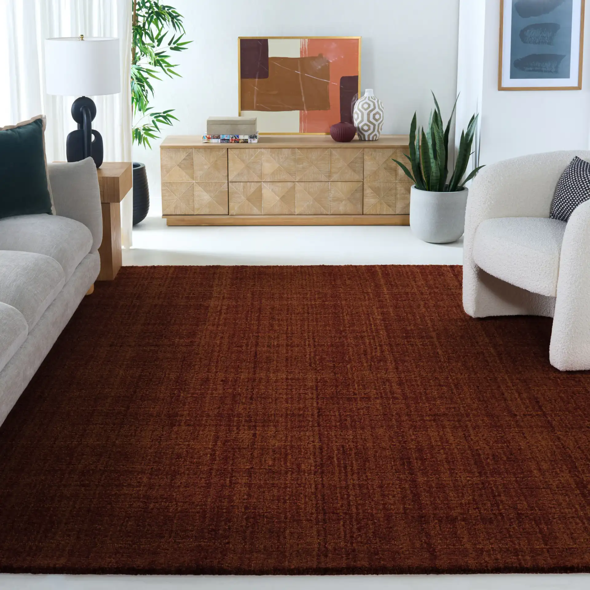Renewal Crosshatch Hand-Tufted Rug in Rust in a styled room