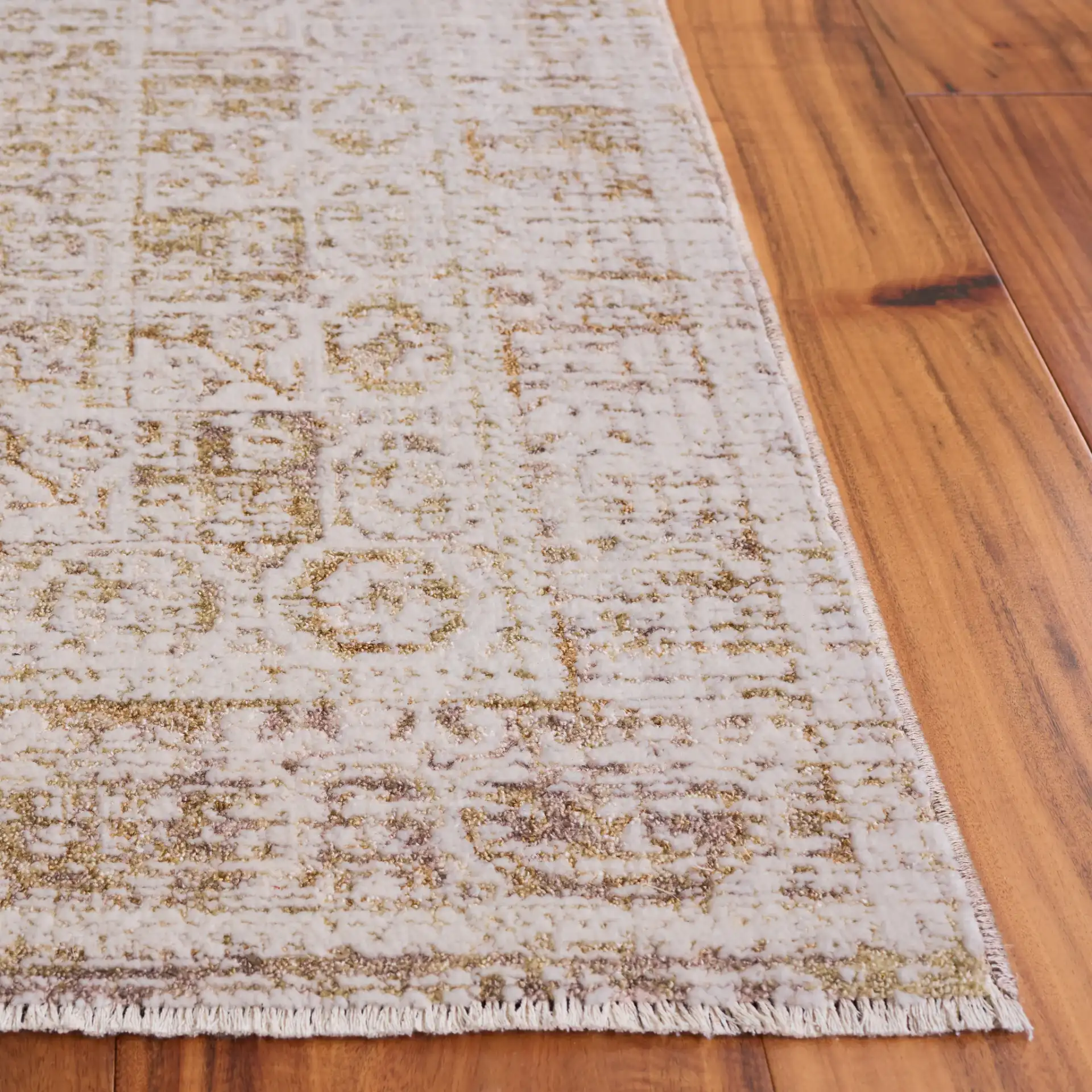 Romance Distressed Tile Rug in Ivory / Brown in a styled room