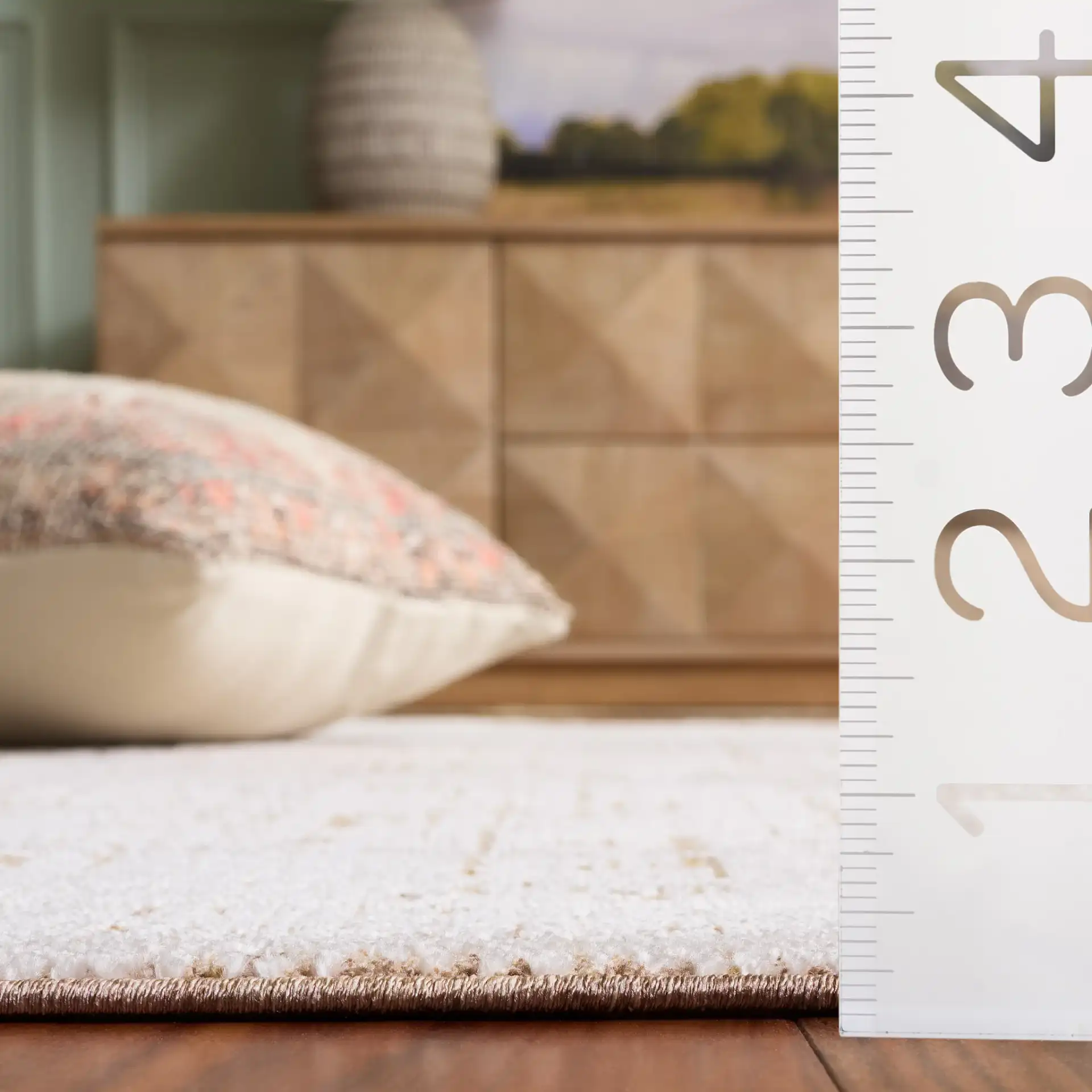 Romance Distressed Tile Rug in Ivory / Brown in a styled room