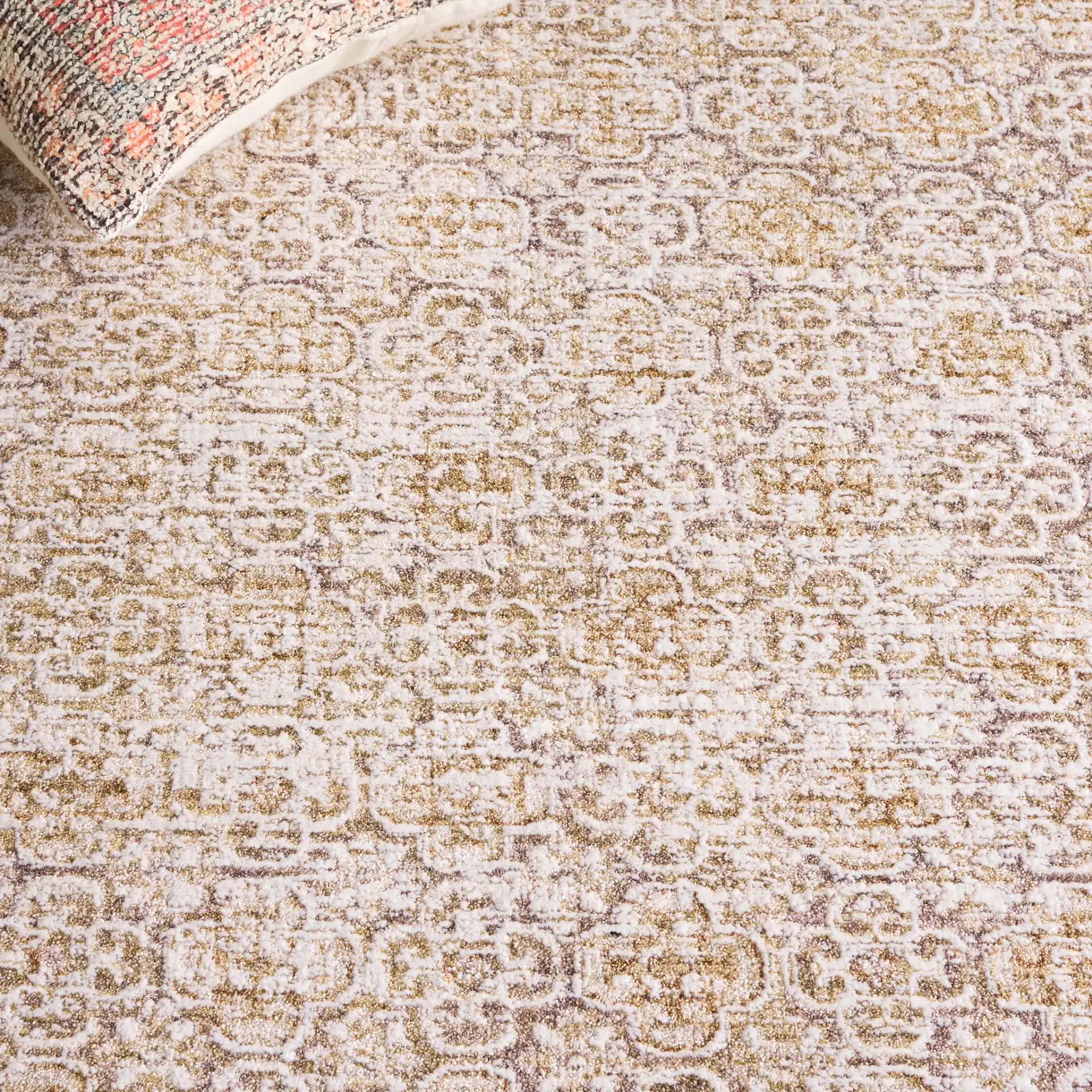 Romance Distressed Tile Rug in Ivory / Brown in a styled room